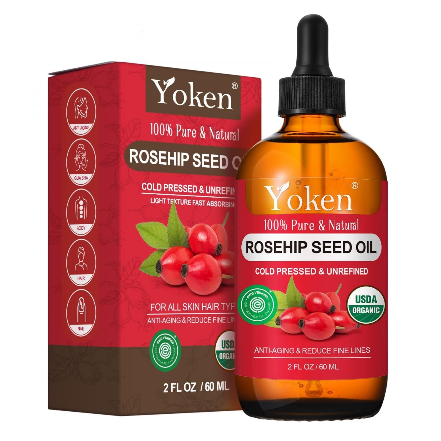 Yoken Organic Rosehip Seed Oil for Face, Pure Natural Cold Pressed, 2oz