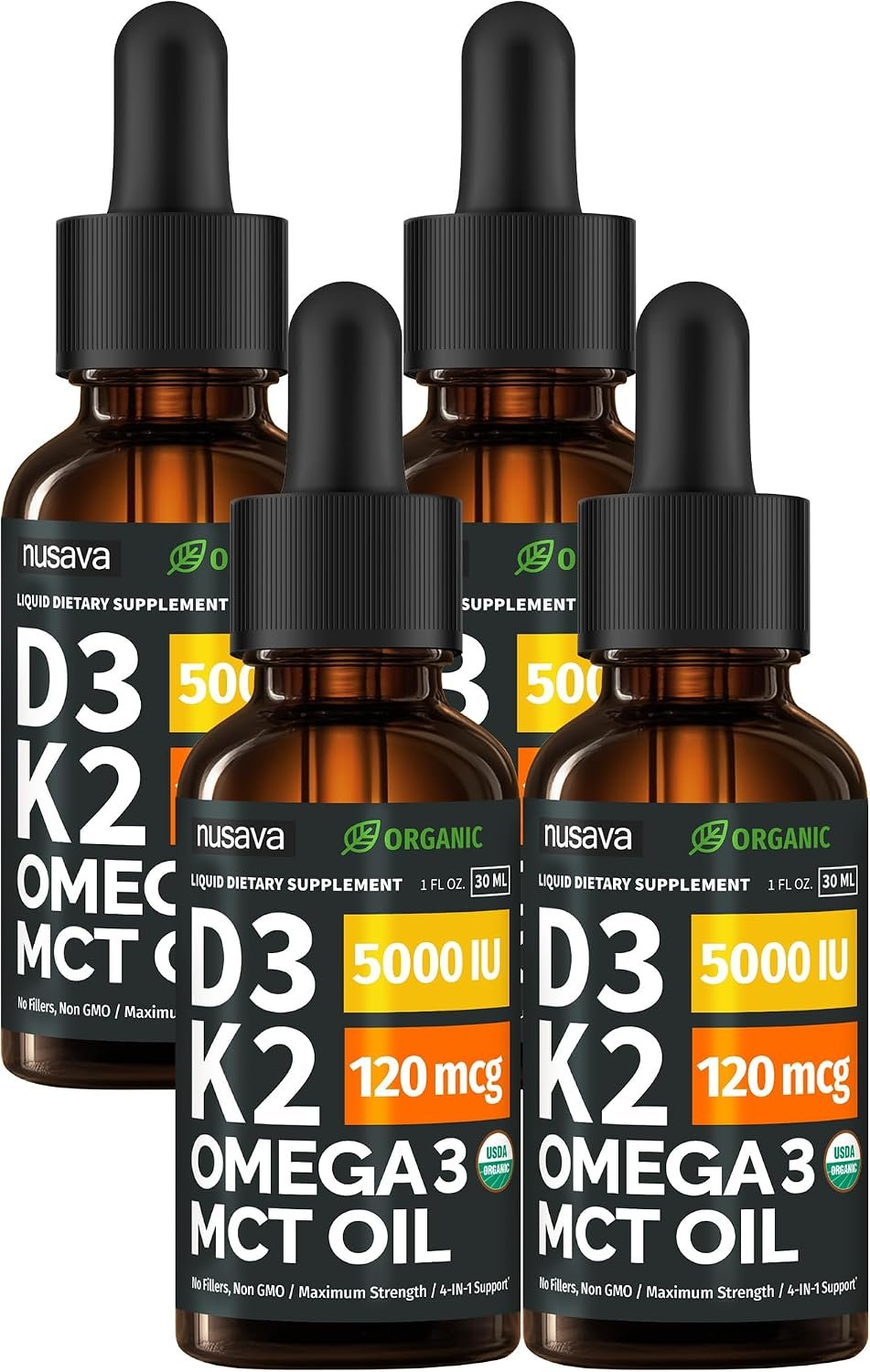 (4 Pack) Organic Vitamin D3 K2 Drops with MCT Oil & Omega 3 – Liquid Vitamin D3 5000 IU – K2 D3 Vitamin Supplement – Vitamin D Drops for Women & Men – No Fillers, Non-GMO, GMP, Unflavored (4 Fl Oz)