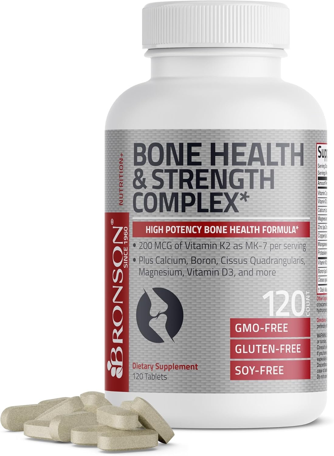 Bronson Bone Health & Strength Complex* High Potency Formula 200 MCG of Vitamin K2 as MK7, Plus Calcium, Boron, Cissus Quadrangularis, Magnesium, Vitamin D3, and More – Non-GMO, 120 Tablets