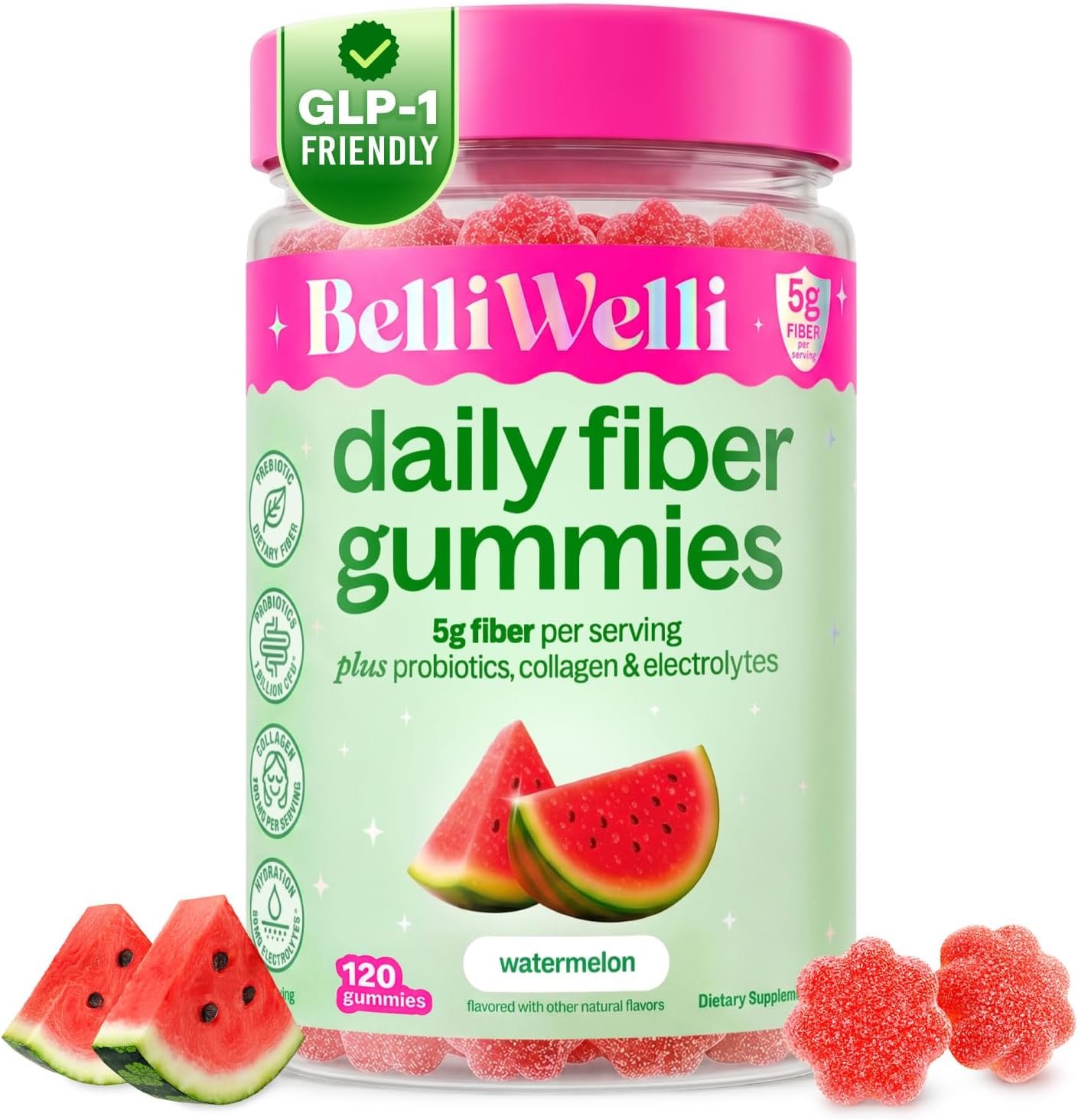 Belli Welli Fiber Gummies for GLP-1 Support – Watermelon – Tapioca Prebiotic Fiber Gummy – Digestive Health & Regularity for Women, Men, Kids – 120CT