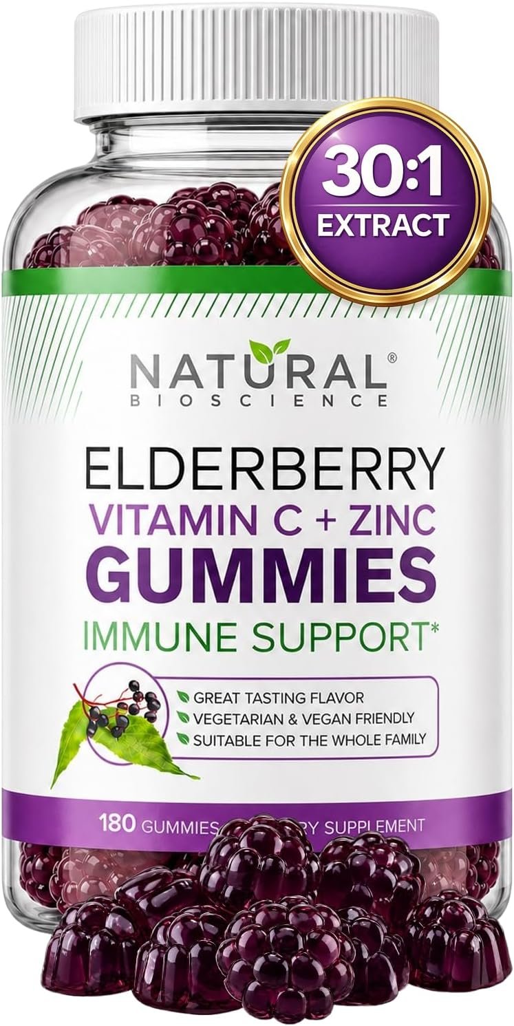 Natural BioScience Sambucus Elderberry Gummies with Vitamin C and Zinc, Black Elderberry Gummies for Adults and Kids, Daily Immune Support Supplement, Vegan Chewable Gummies, Gluten-Free, 180 Count
