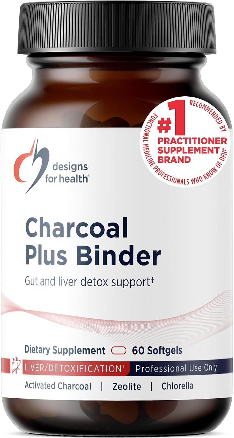 Designs for Health Charcoal Plus Binder – Zeolite Detox Process with Activated Charcoal, Organic Chlorella – Toxin Binder for Full Body, GI & Gut Detox Support (60 Softgels)