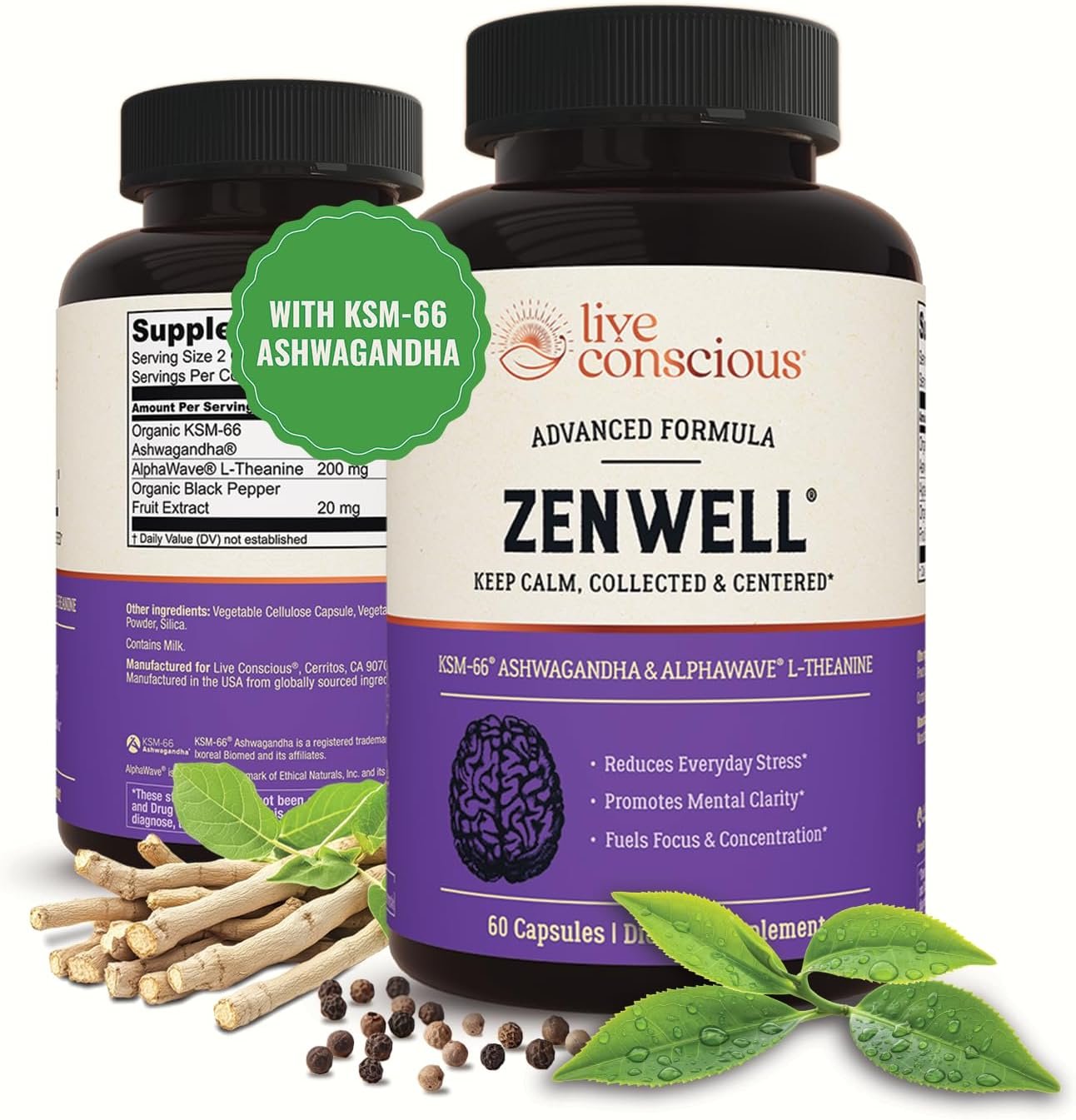 Live Conscious KSM-66 Ashwagandha Supplement w/L Theanine & AlphaWave – ZenWell Everyday Stress Relief, Cognitive, Brain Health – Ashwagandha for Men & Women – 60 Capsules