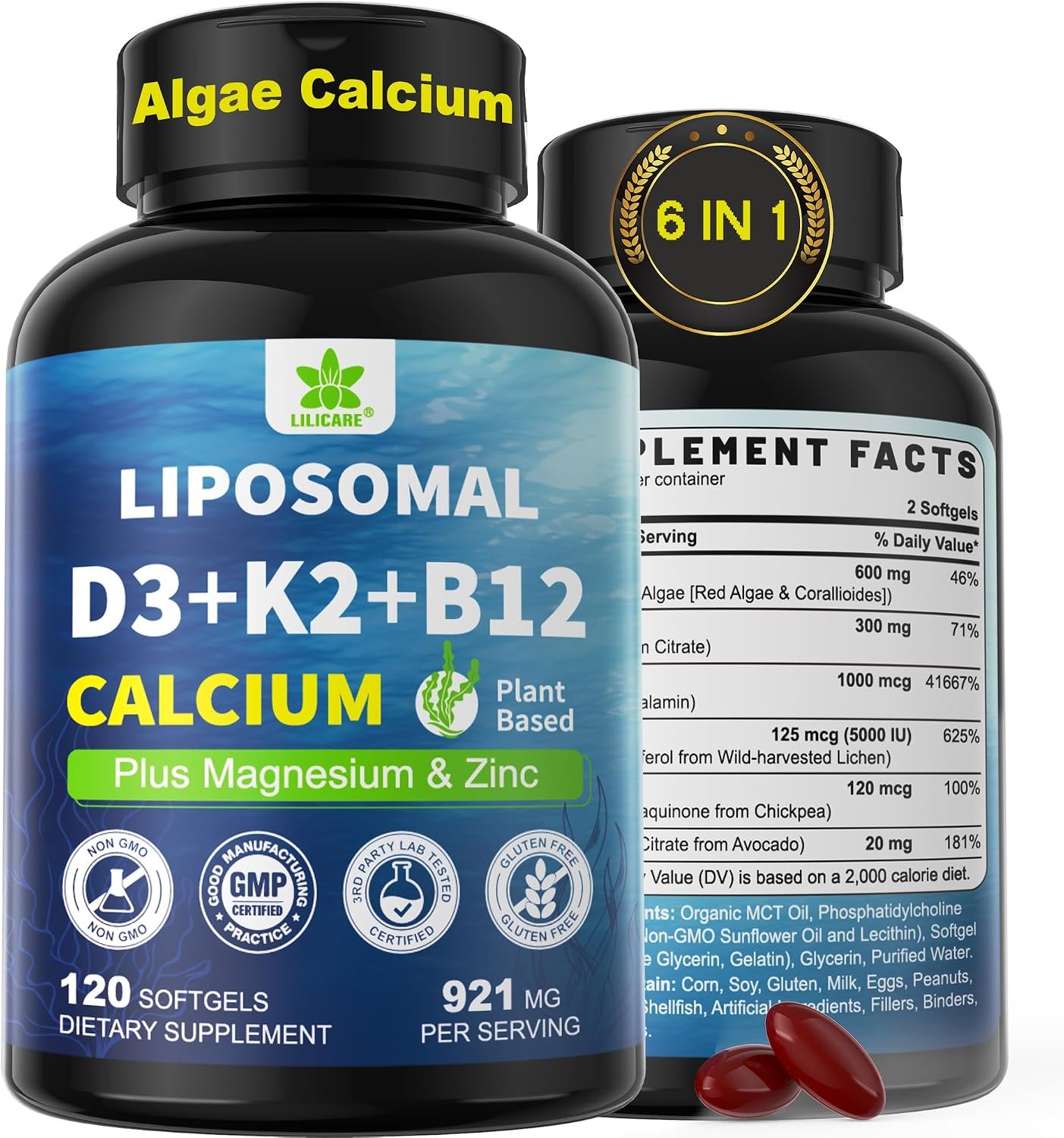 Algae Calcium 600mg + Vitamin D3 K2 5000 IU, Calcium Supplements for Women