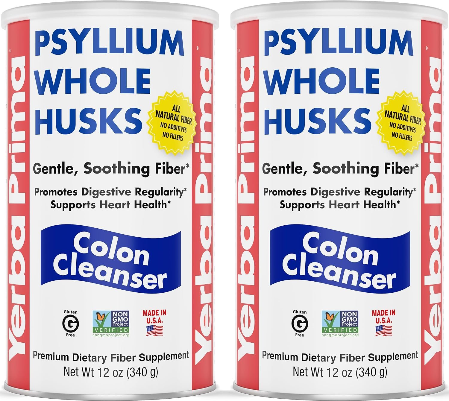 Yerba Prima Psyllium Whole Husks, Colon Cleanser 12 oz (Pack of 2) – All Natural Dietary Fiber, Pure Premium Psyllium, Lab-Tested Non-GMO, Gluten-Free Fiber