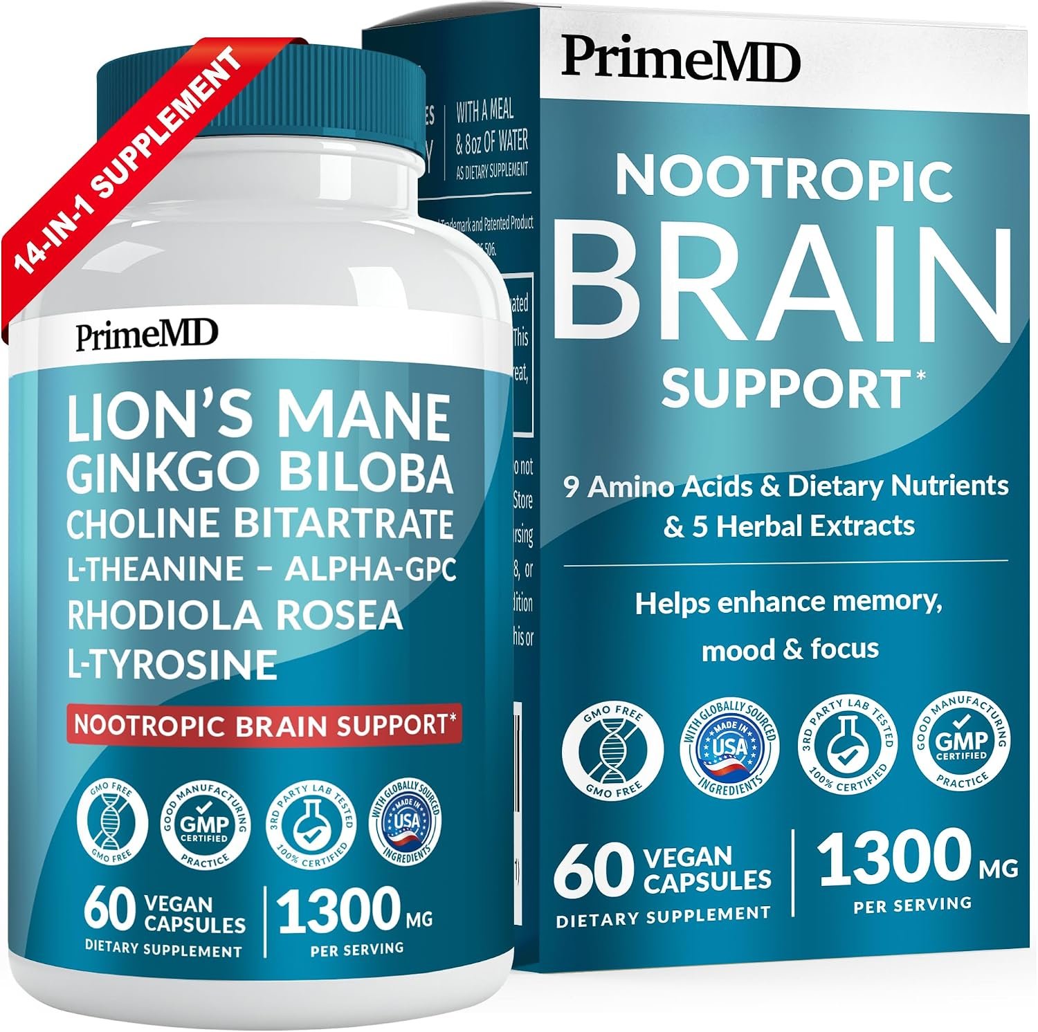 PrimeMD Lions Mane Nootropic with Ginkgo, Alpha GPC & L-Theanine, 60ct