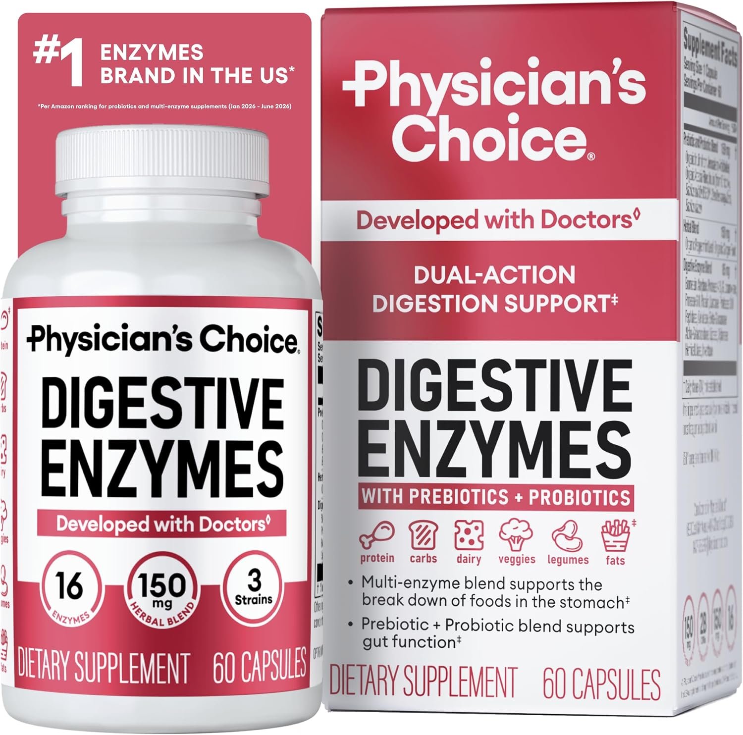 Physician’s CHOICE Digestive Enzymes for Bloating & Digestion – Fast-Acting 16 Enzyme Formula with Organic Prebiotics & Probiotics for Gut & Digestive Health – Meal Time Discomfort Relief – 60 CT