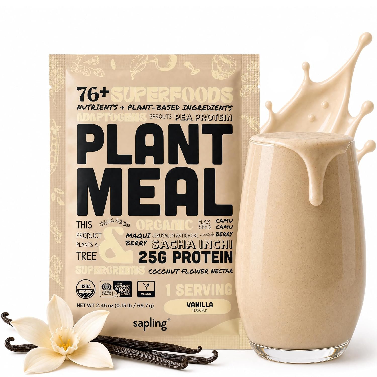 Plant Meal Replacement Shake – Vanilla – 25g of Plant Based Vegan Protein Powder, 76+ Organic Superfoods, Vitamins & Minerals, Mushrooms, Super Greens, Digestive Enzymes & Probiotics – 1 Serving