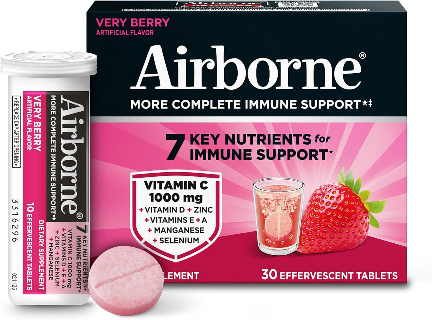 Airborne Immune Support Effervescent Tablets, Very Berry Flavor – 30ct with 1000mg Vitamin C + Vitamins A, D, E, Zinc, Selenium, Manganese & Herbal Blend – Sugar‑Free, Gluten‑Free