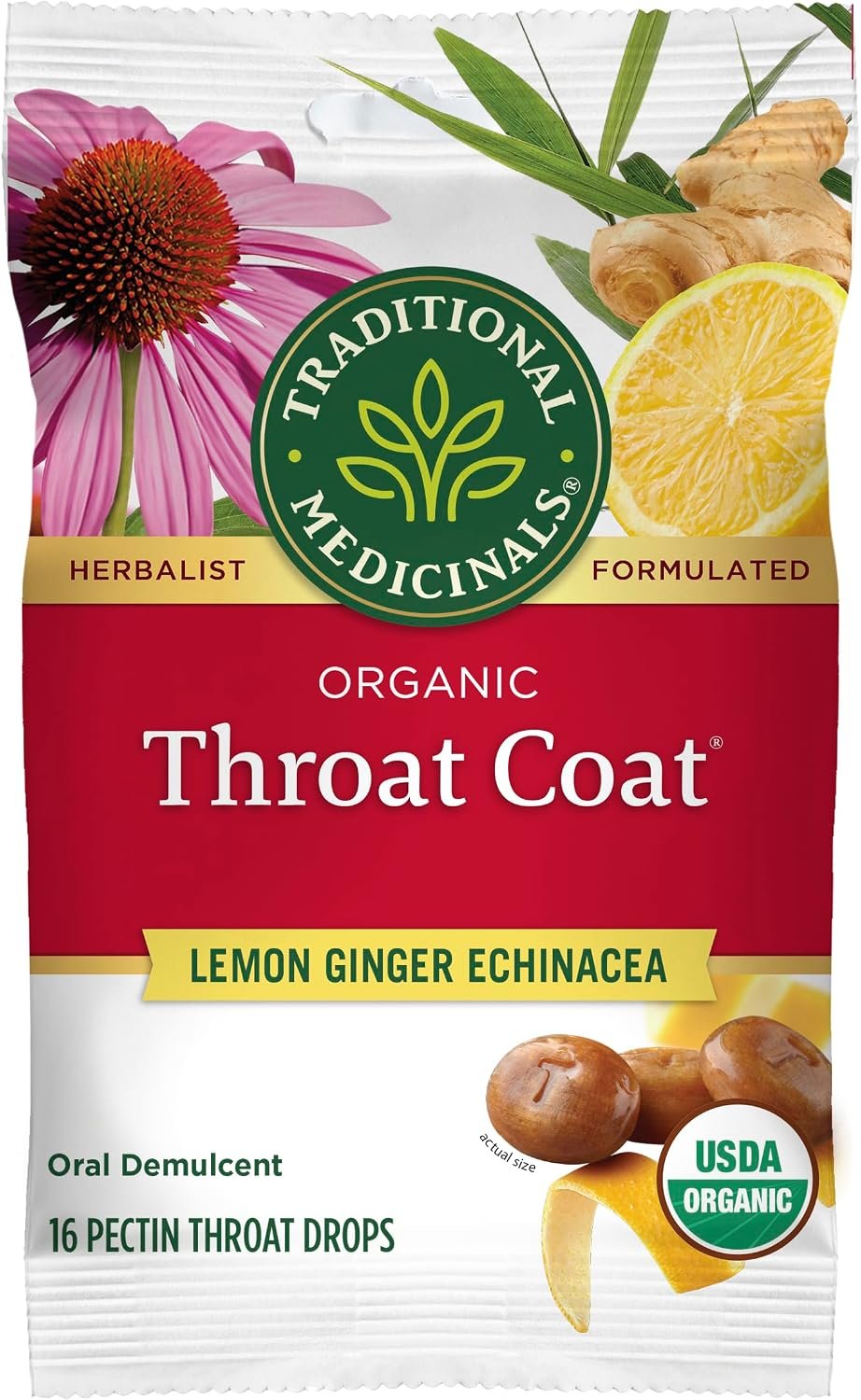 Traditional Medicinals Organic, Throat Coat Lozenges, Lemon Ginger Echinacea – Herbal Cough Drops, Helps Soothe Sore Throat – Non-GMO, Stimulant-Free – 16 Count