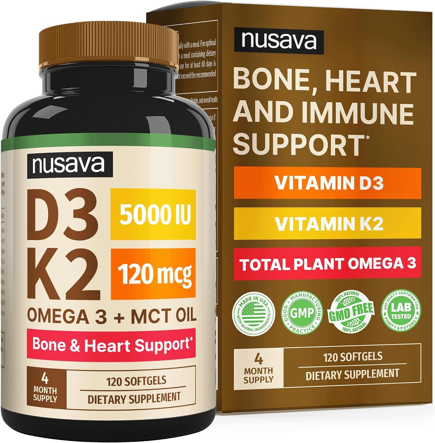 NUSAVA Vitamin D3 K2, 5000 IU, Softgels, with Omega 3 & Chia Oil, 120 Ct