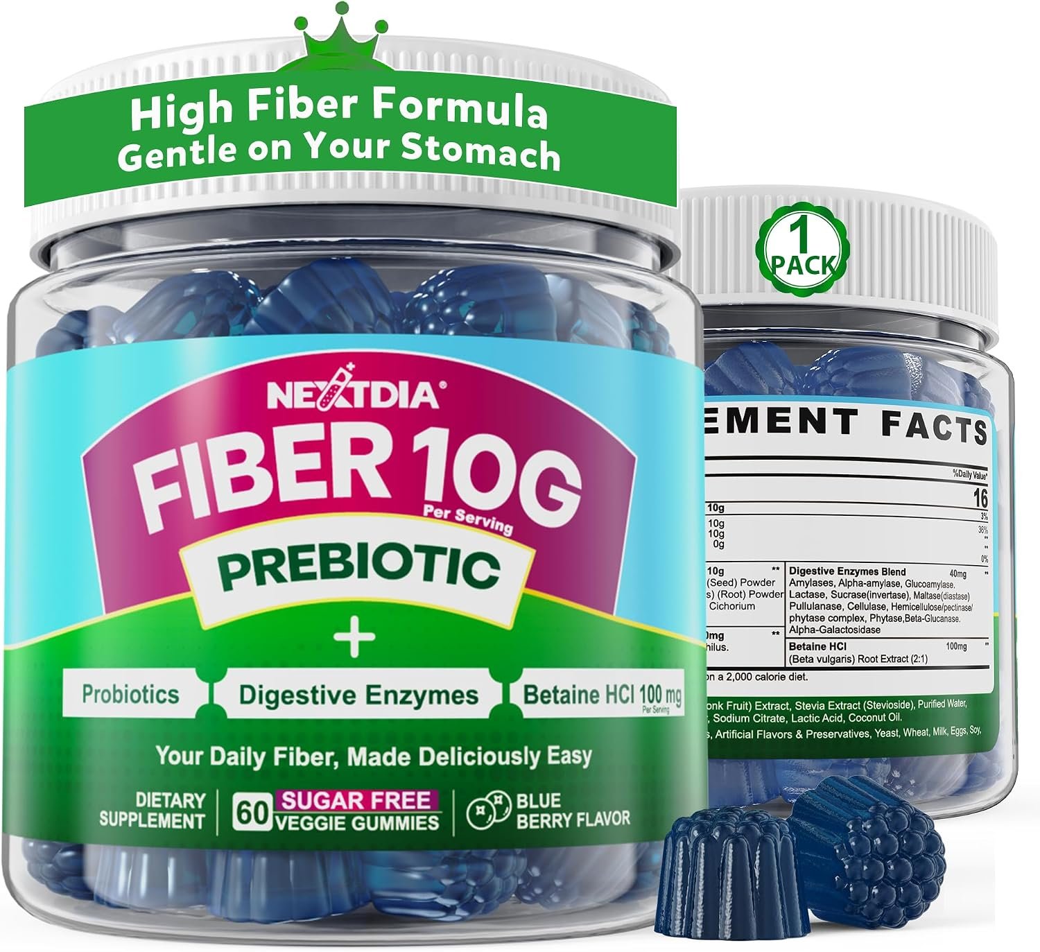 Nextdia Fiber Gummies for Adults, 10g Prebiotic Fiber Gummies, 60 Counts