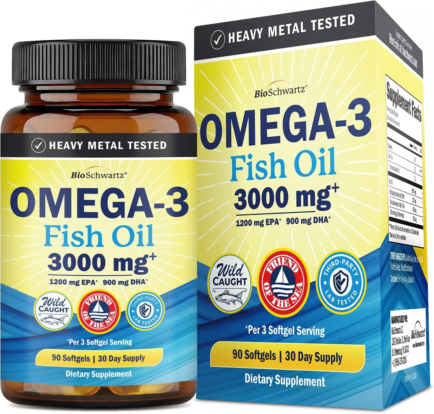 Triple Strength Omega 3 Fish Oil 3000mg for Women and Men, 90 Softgels