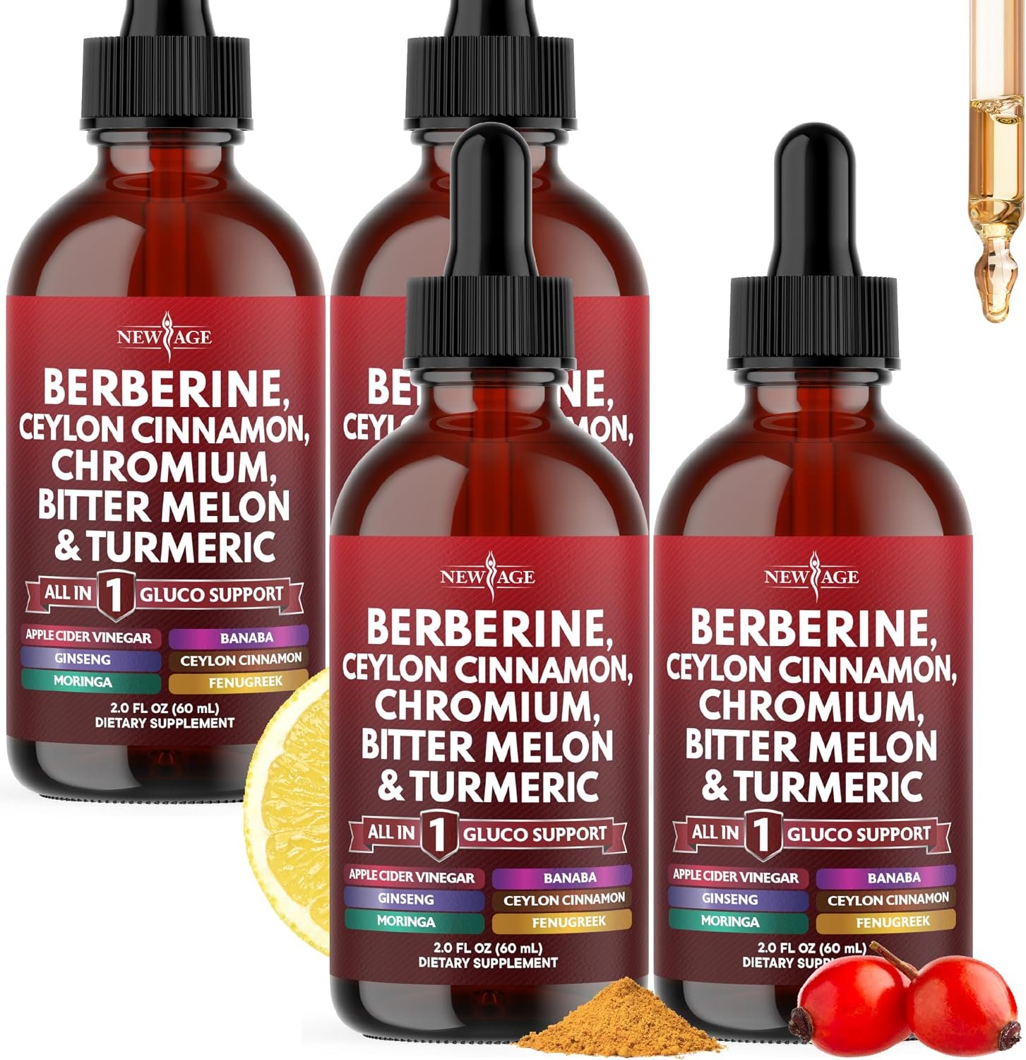 NEW AGE Berberine with Ceylon Cinnamon Supplement Liquid Drops + Bitter Melon Extract, Glucomannan, Gymnema, Chromium, Turmeric, Panax Ginseng, Moringa- 8 OZ