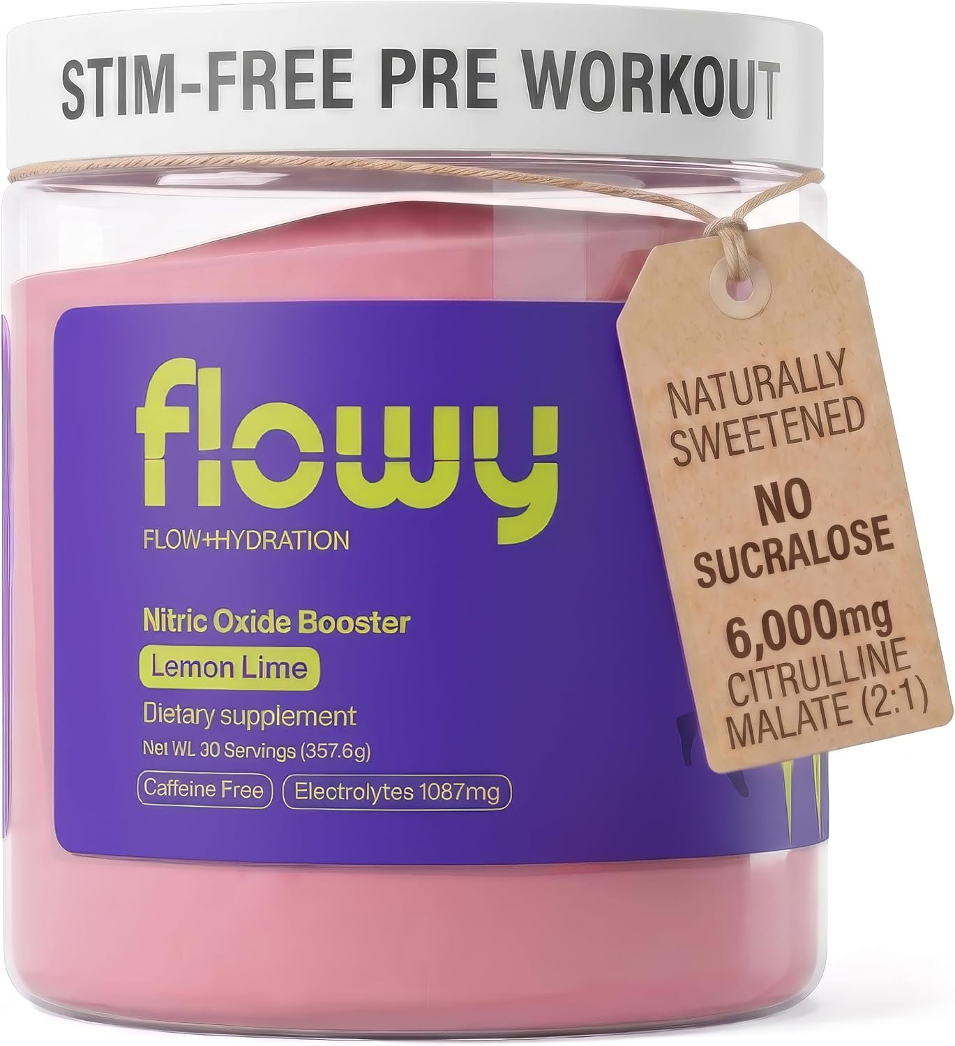 flowy Stim Free Pre Workout | Naturally Sweetened Caffeine Free Preworkout with 6000mg L-Citrulline Malate + Electrolytes | No Sucralose, No Dyes, No Beta Alanine | Lemon Lime, 30 Servings