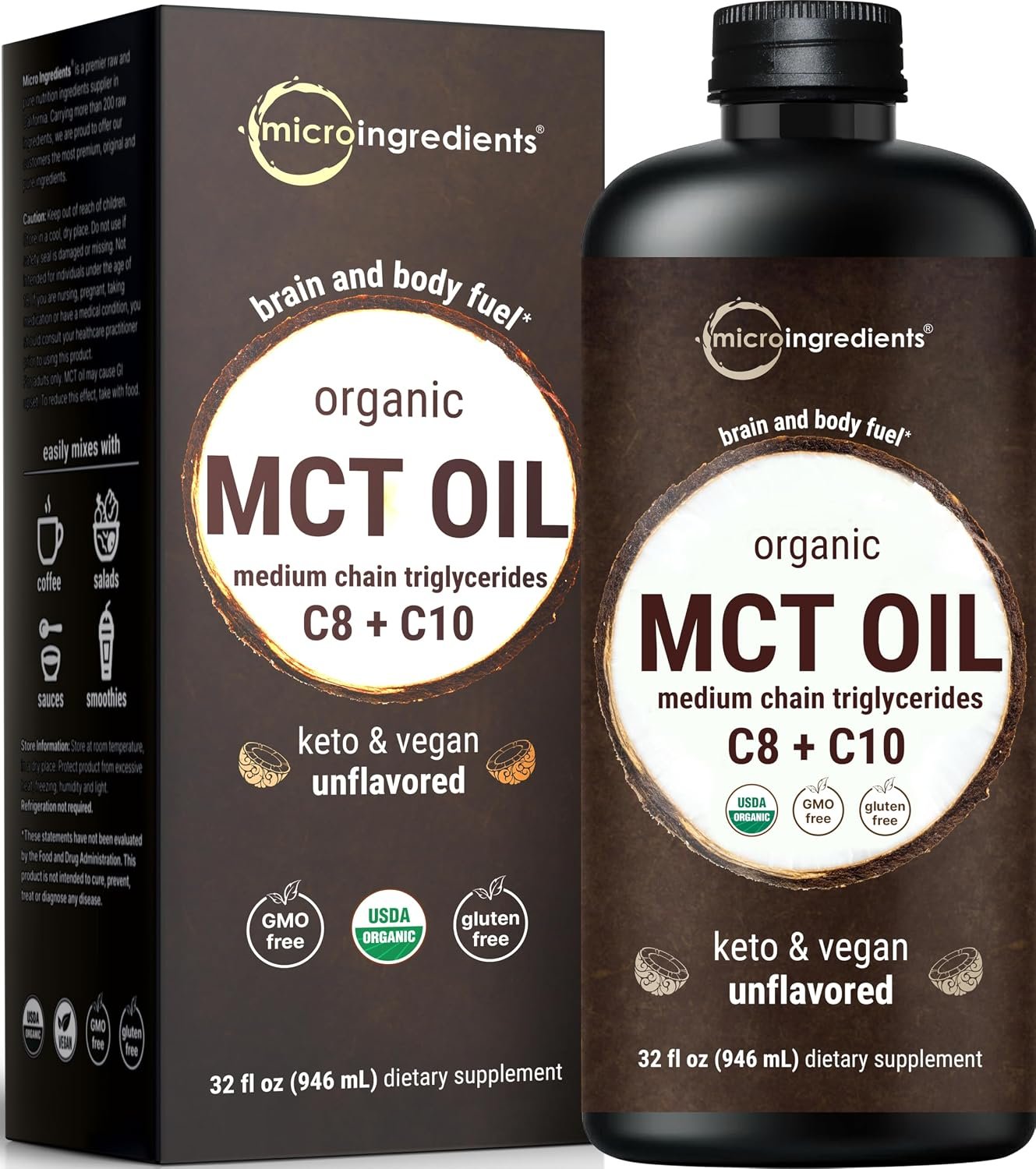 Micro Ingredients Organic MCT Oil, 32 fl oz, Keto C8 + C10 Fatty Acids