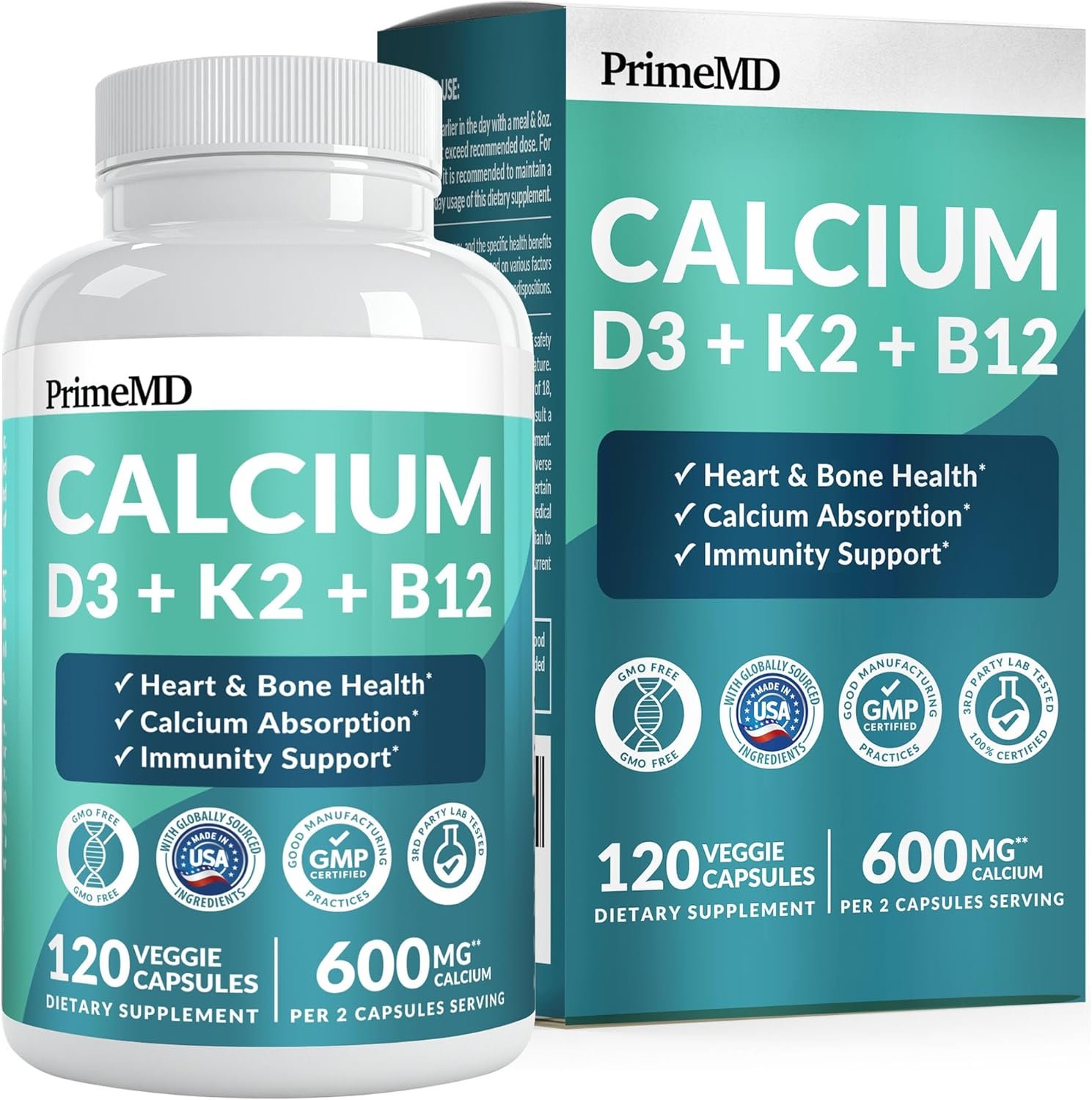 PrimeMD 4-in-1 Calcium 1200mg, Vitamin D3 K2 5000IU, Vegan Non-GMO, 120ct