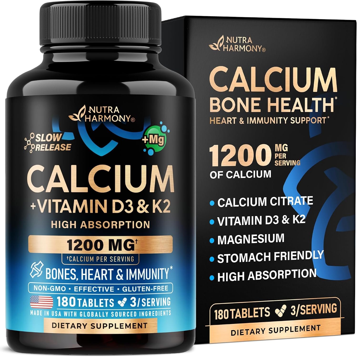 Calcium 1200mg + Vitamin D3 – Calcium Citrate for Women & Men – 180 Tabs