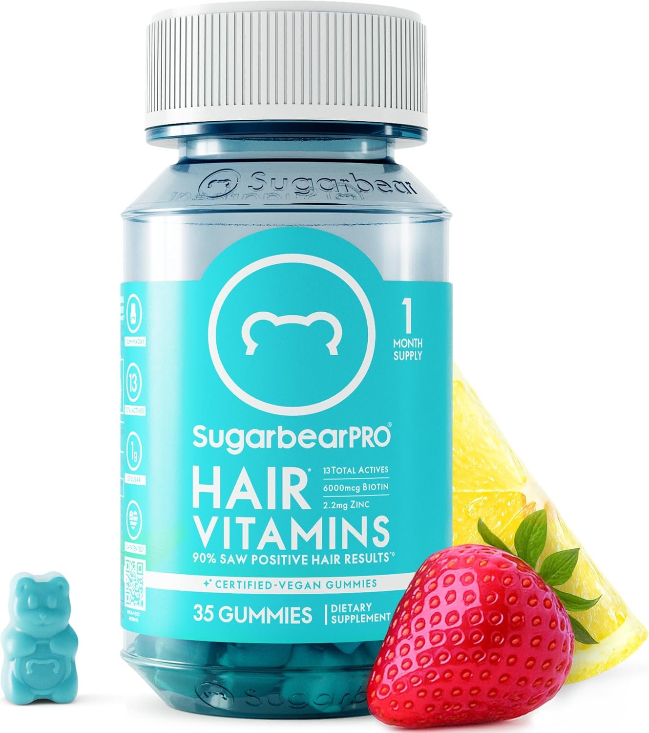 SugarbearPRO Hair Vitamin Gummy 1 Month Supply, Extra Strength Biotin 6000mcg for Hair Growth, Vegan Vitamin B12, MSM, Inositol, Omega 3, Elderberry, Certified Kosher, Halal, Cruelty-Free