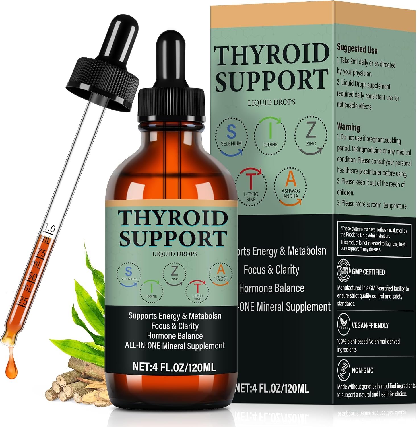 Thyroid Support Liquid Drops for Women & Men – Herbal Thyroid Support Formula with Iodine, Zinc, Selenium & Ashwagandha – Supports Metabolism & Energy – 4 oz (120ml)