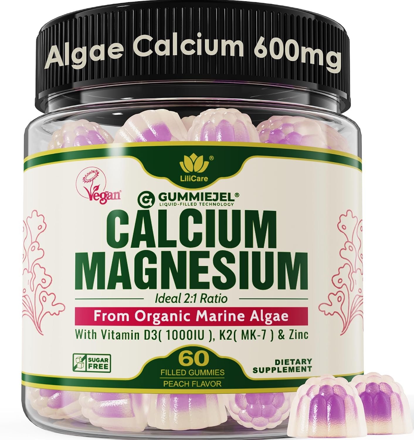 Calcium Gummies 600mg from Algae for Bone Support, Certified Vegan, 60 Cts