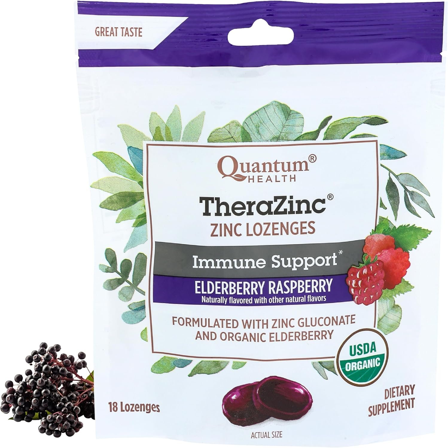 Quantum Health TheraZinc Organic Immune Support Elderberry, 18 Lozenges