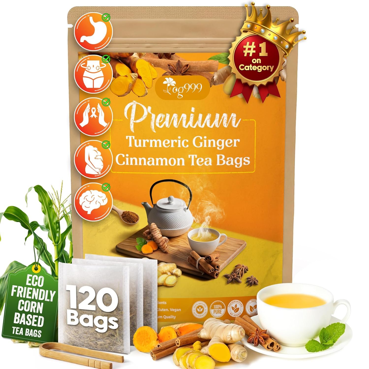 120 Bags Premium Turmeric Ginger Cinnamon Tea, Improve Digestion, Support Brain, Weight, Skin and Sleep, Eco-Conscious Tea Bags and Premium Natural Ingredients. Turmeric Ginger Herbal Tea. No Sugar, No Caffeine, No Gluten, Vegan.