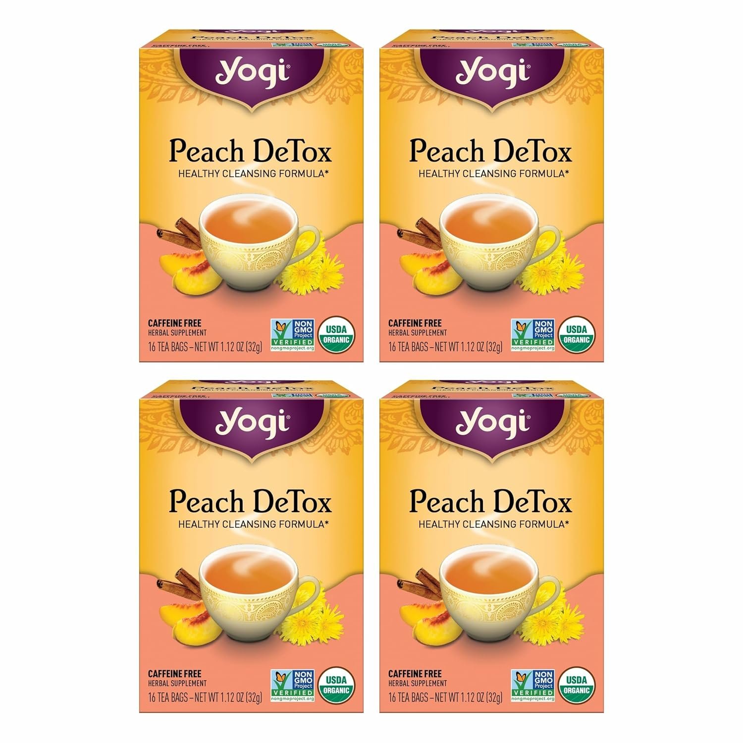 Yogi Peach DeTox Organic Tea, 16 Tea Bags (4 Pack)