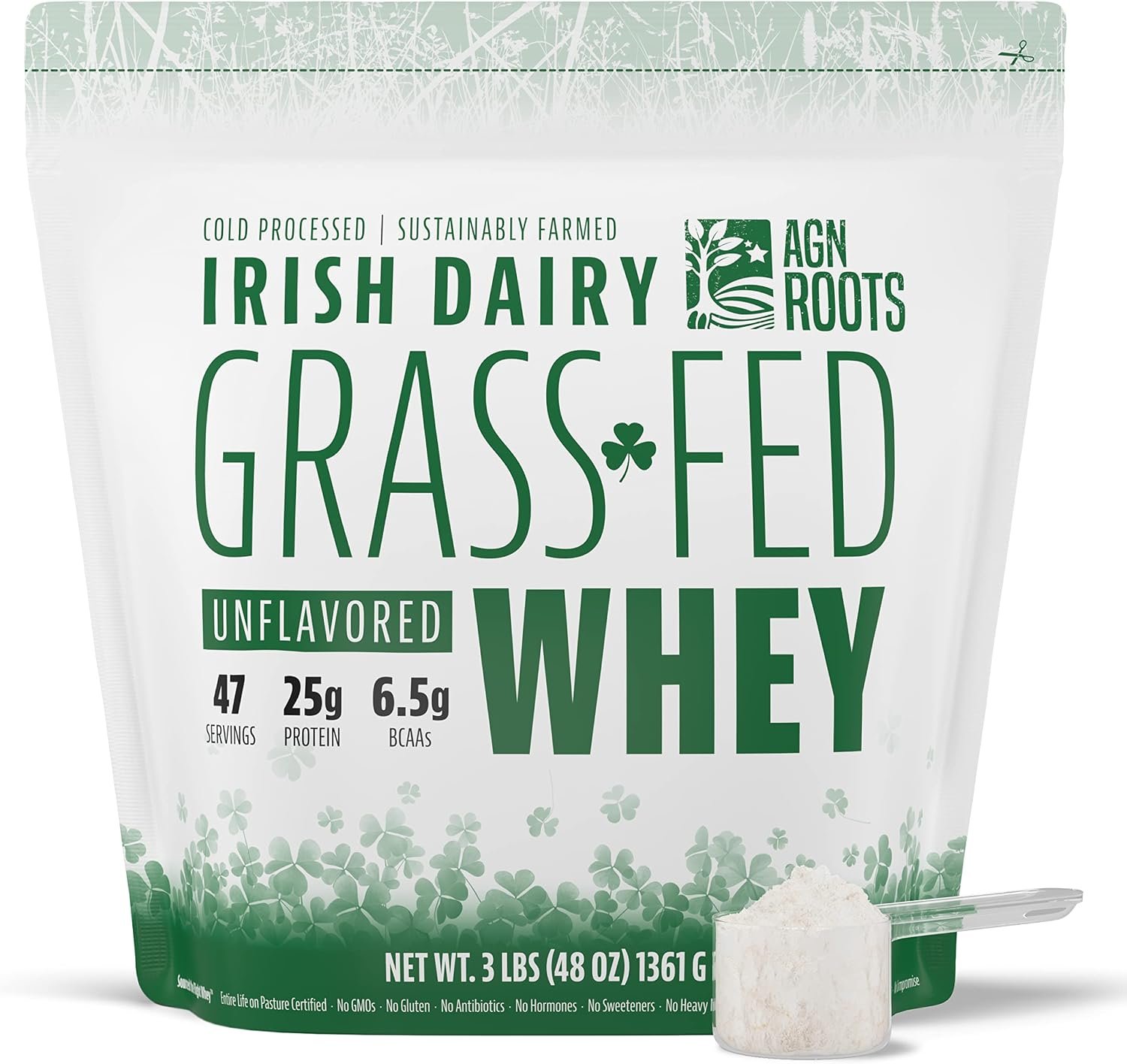 AGN Roots Grass Fed Whey Protein Powder Isolate – Unflavored – Unsweetened – Certified Entire Life On Pasture – A Greener World – ASPCA Registered Brand List – Informed-Sport – 3lbs
