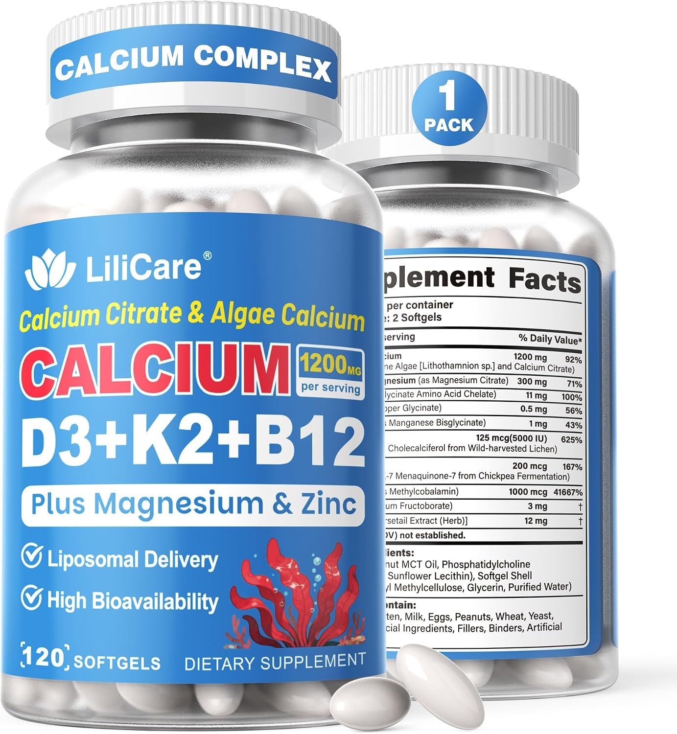 Calcium 1200 mg + Vitamin D3 K2 5000 IU Softgels Supplement for Women Men