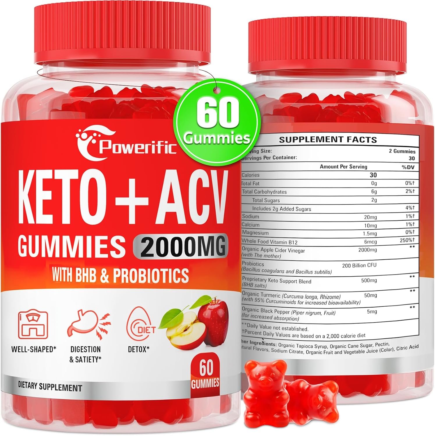Apple Cider Vinegar Gummies, Keto ACV Gummies Max Strength 2000mg Apple Cider Vinegar with Mother, Probiotics & Vitamin B12, for Digestion, Metabolism, Cleanse & Detox Diet, 60 Count