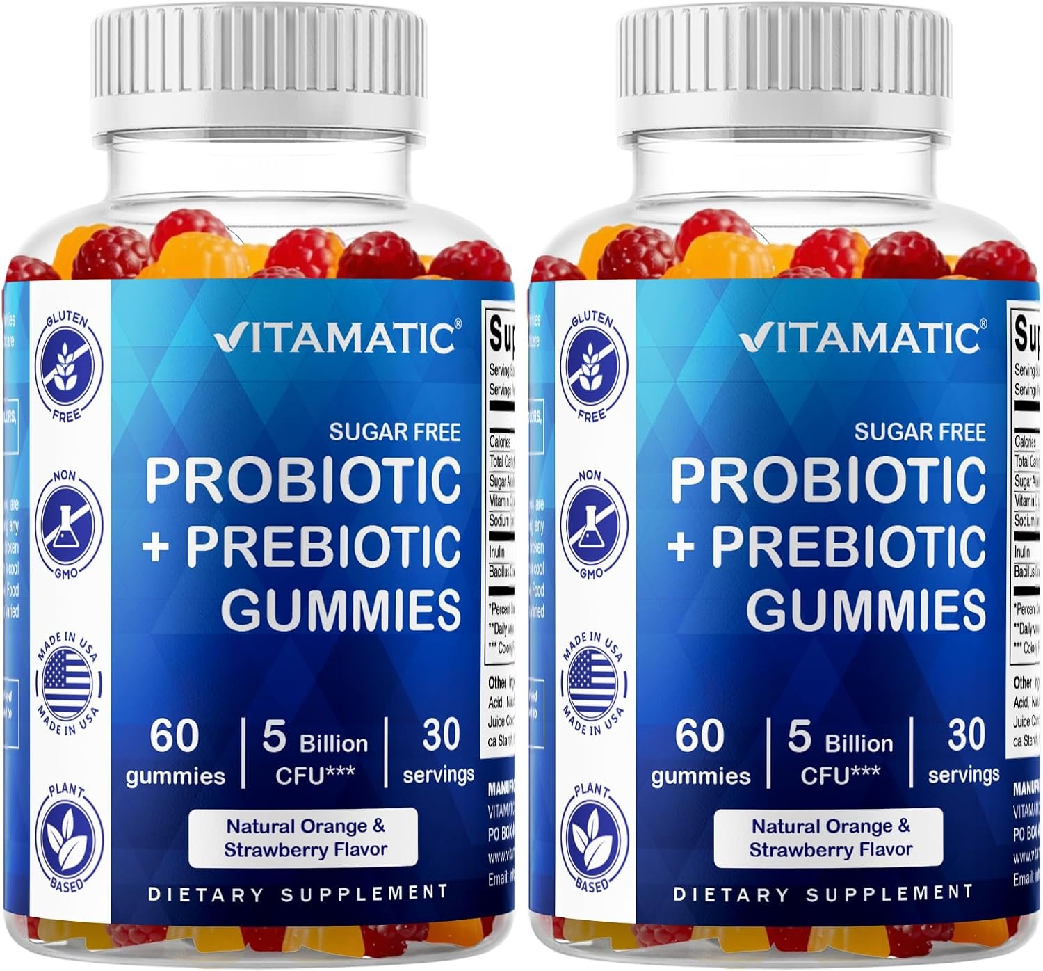 Vitamatic Sugar Free Probiotic Gummies for Men and Women – 5 Billion CFUs – 60Gummies per Bottle | 2 Pack (120 Gummies) Digestive, Immune & Gut Health Support – Gluten Free