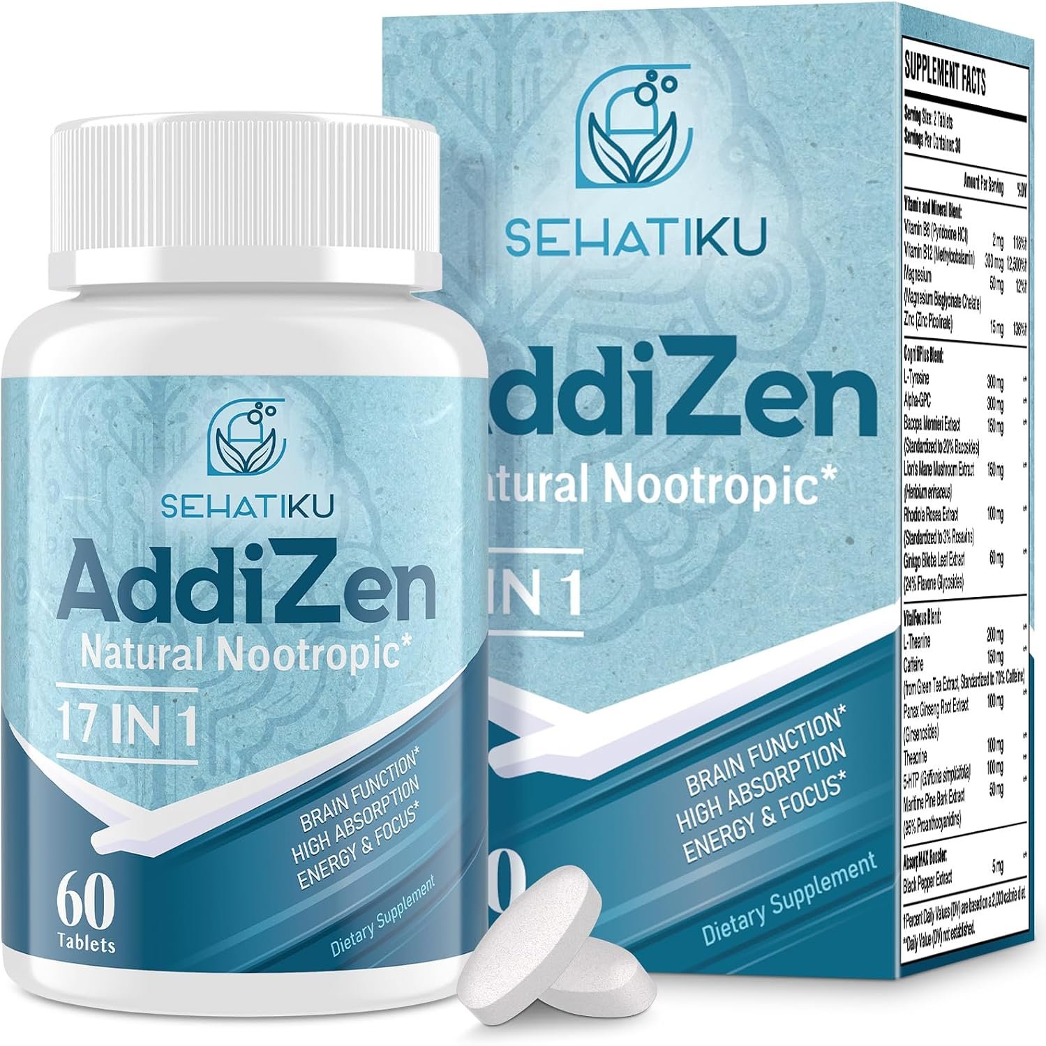 17-in-1 Brain Supplement for Memory and Focus – High Absorption- 60 Tablets