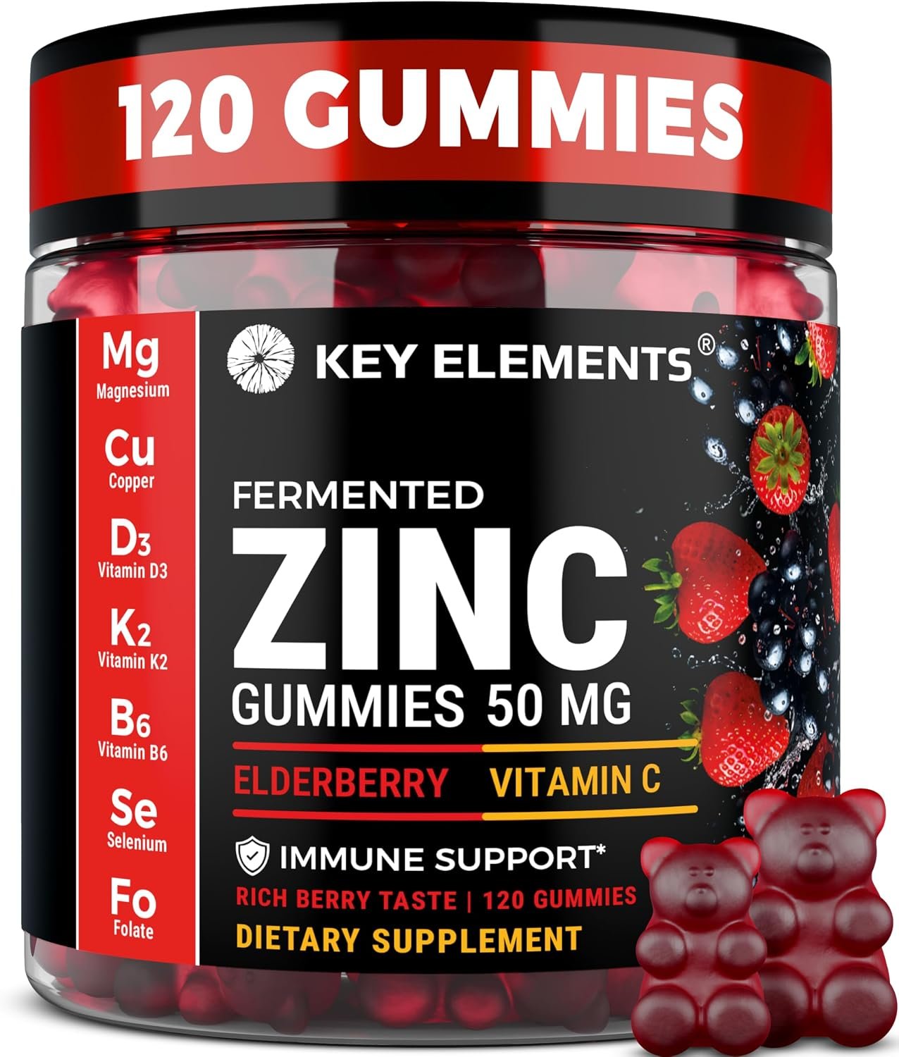 KEY ELEMENTS Immune Support Zinc Gummies 50mg with Elderberry Vitamin C