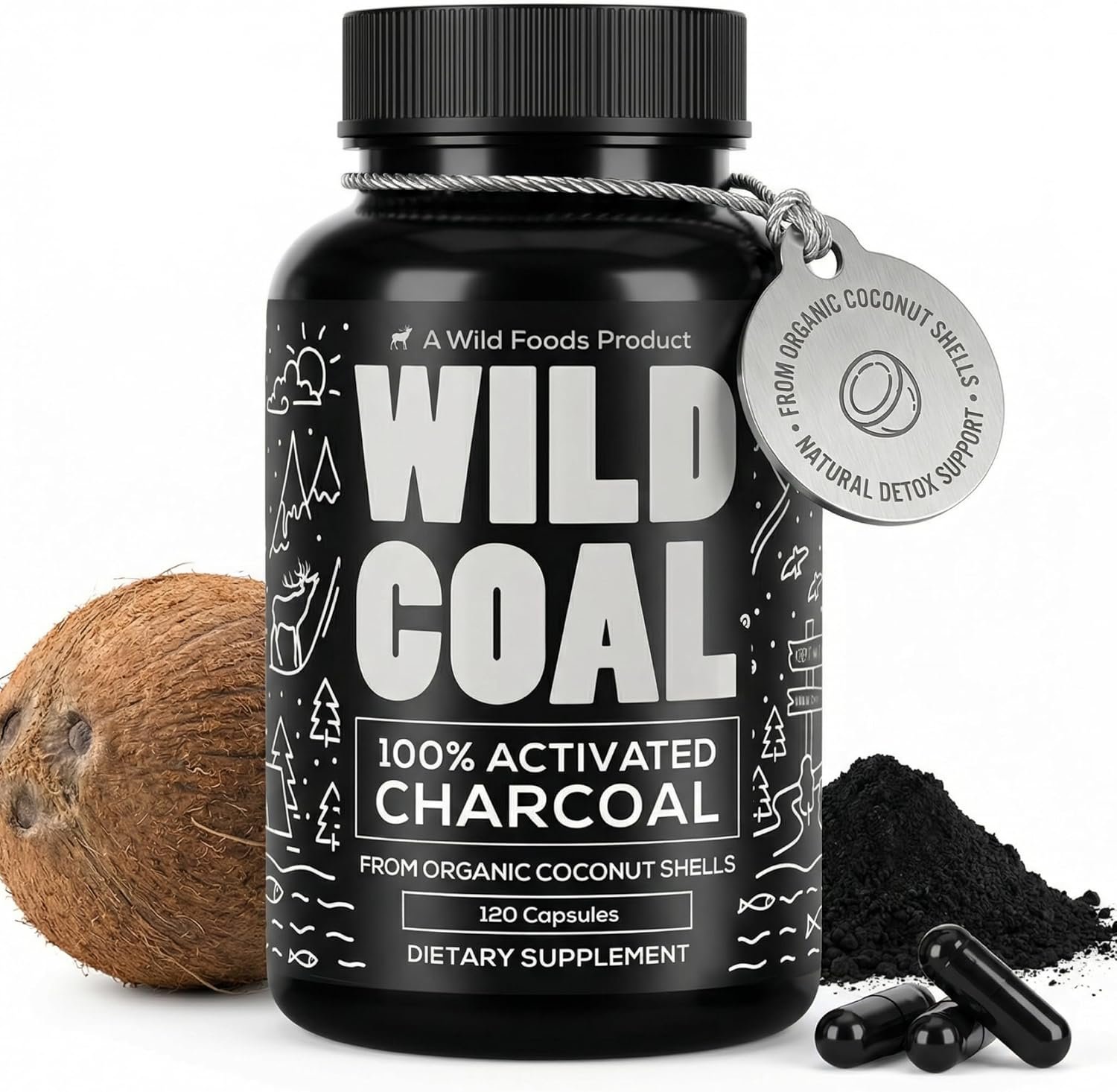Wild Foods Activated Charcoal Capsules, 100% Organic Coconut Shells, 1 Pack