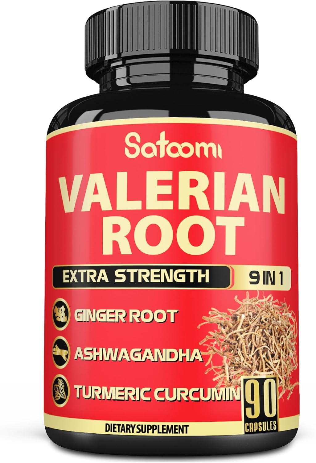 Satoomi Valerian Root Capsules – 9 Natural Herbs – Ashwagandha, Turmeric, Ginger, Ceylon Cinnamon – 90 Caps for 3-Month Supply