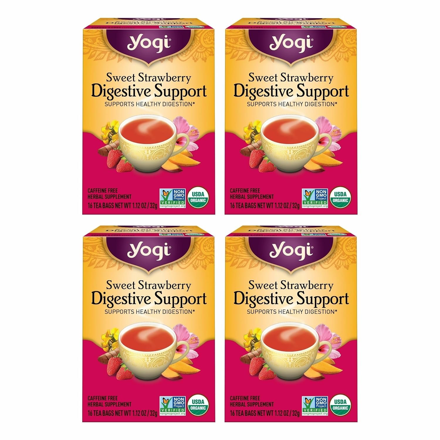 Yogi Sweet Strawberry Digestive Support Herbal Tea, 16 Tea Bags (4 Pack)