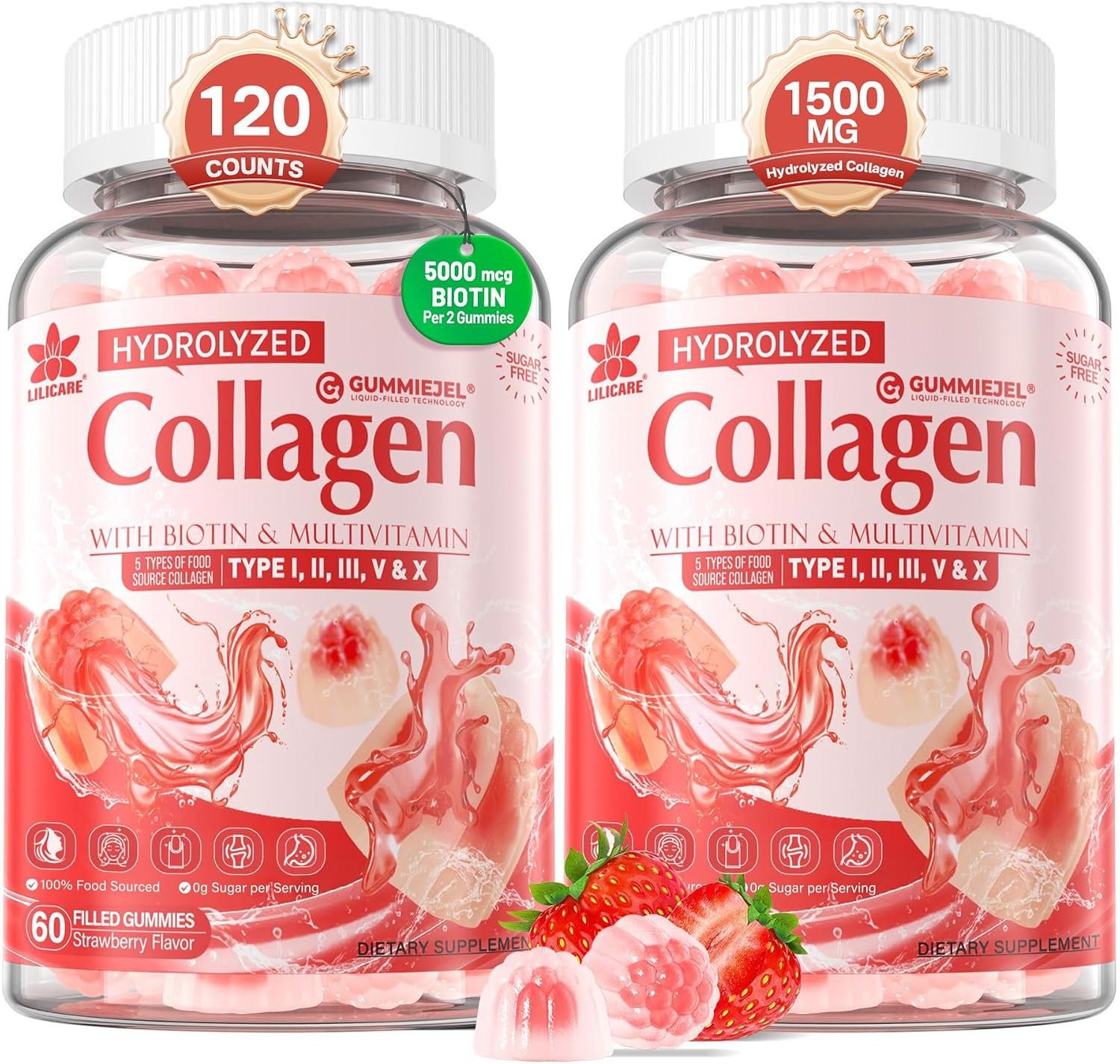 Multi Collagen Gummies 1500mg + 5000mcg Biotin for Skin Hair Nails, 2Pack