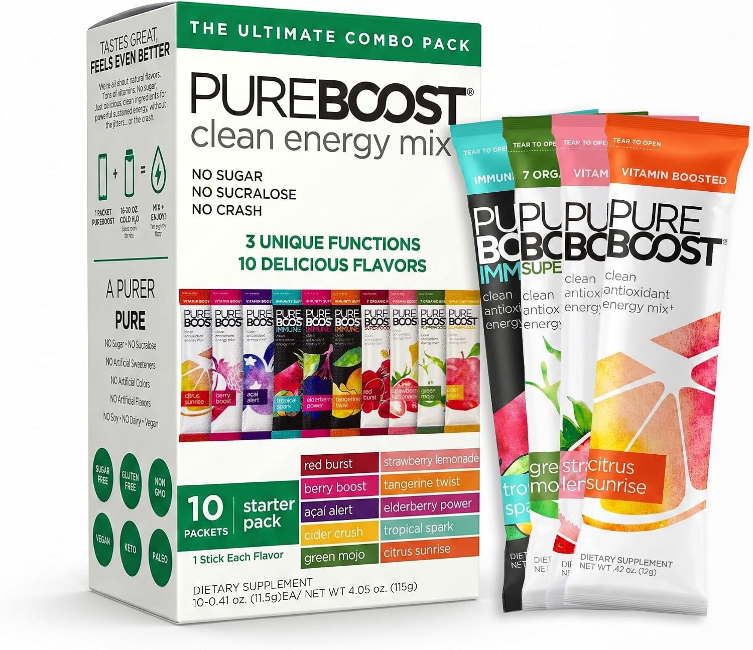 Pureboost Sugar-Free Clean Energy Booster Drink Mix, Variety Pack 10ct