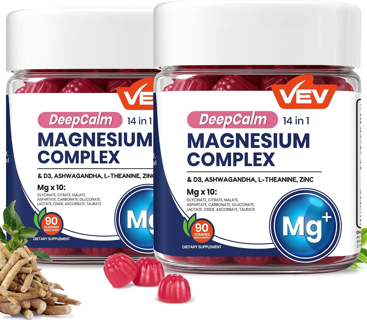 VEV Deep Calm Magnesium Complex 14-in-1 Gummies with Ashwagandha, L-Theanine, Vitamin D3 & Zinc for Women and Men, Vegan Magnesium Glycinate Gummies, 180 Gummies Total, Pack of 2