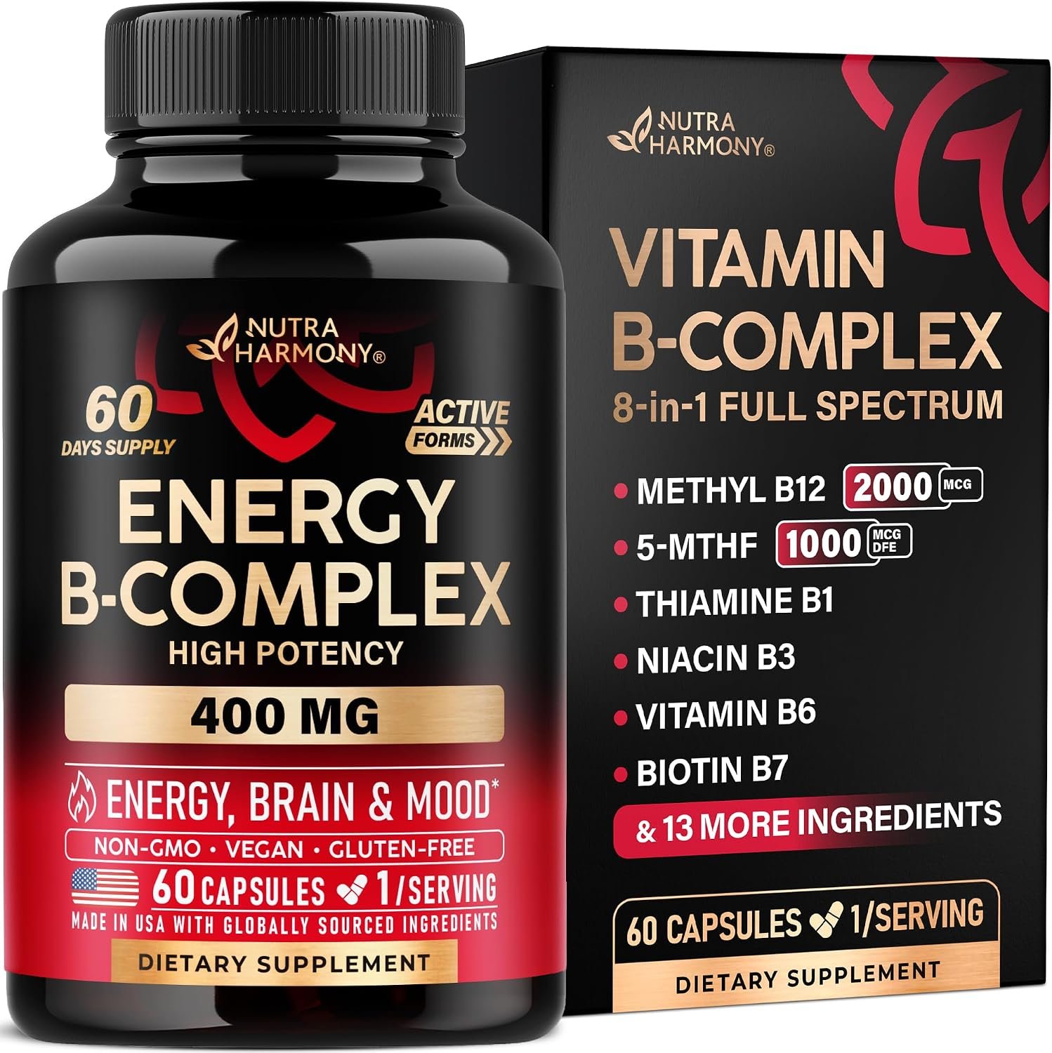 Vitamin B Complex: B1, B2, B3, B5, B6, B7, B12, 5MTHF + Whole Food – 60Caps