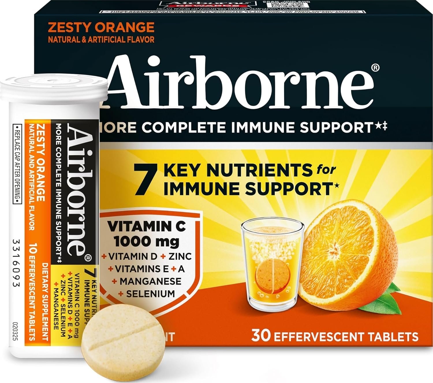 Airborne Immune Support Effervescent Tablets, Zesty Orange Flavor – 30ct with 1000mg Vitamin C + Vitamins A, D, E, Zinc, Selenium, Manganese & Herbal Blend – Sugar‑Free, Gluten‑Free
