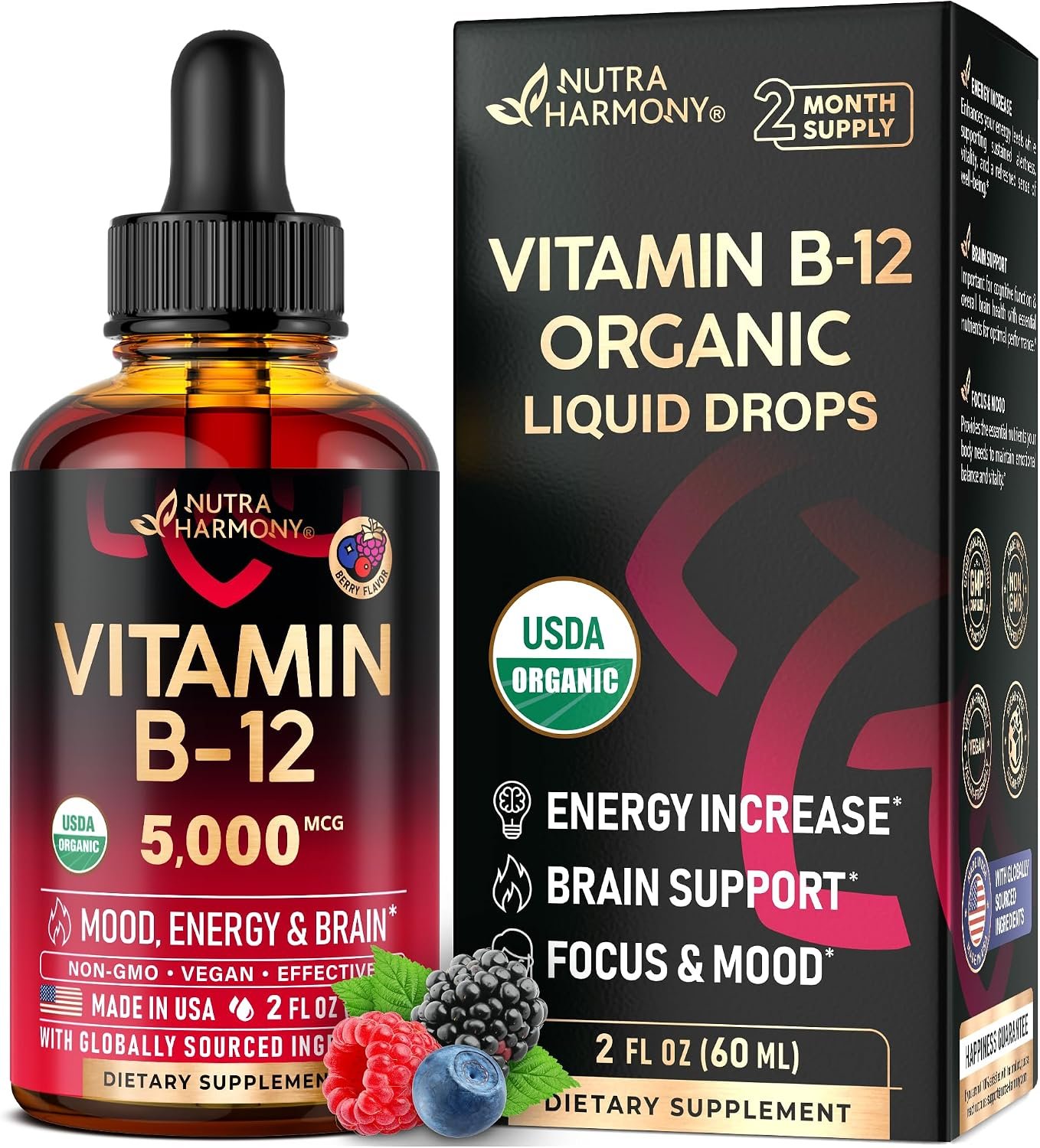 USDA Organic Vitamin B12 Sublingual Drops – Methylcobalamin 5000 mcg – 2 Oz