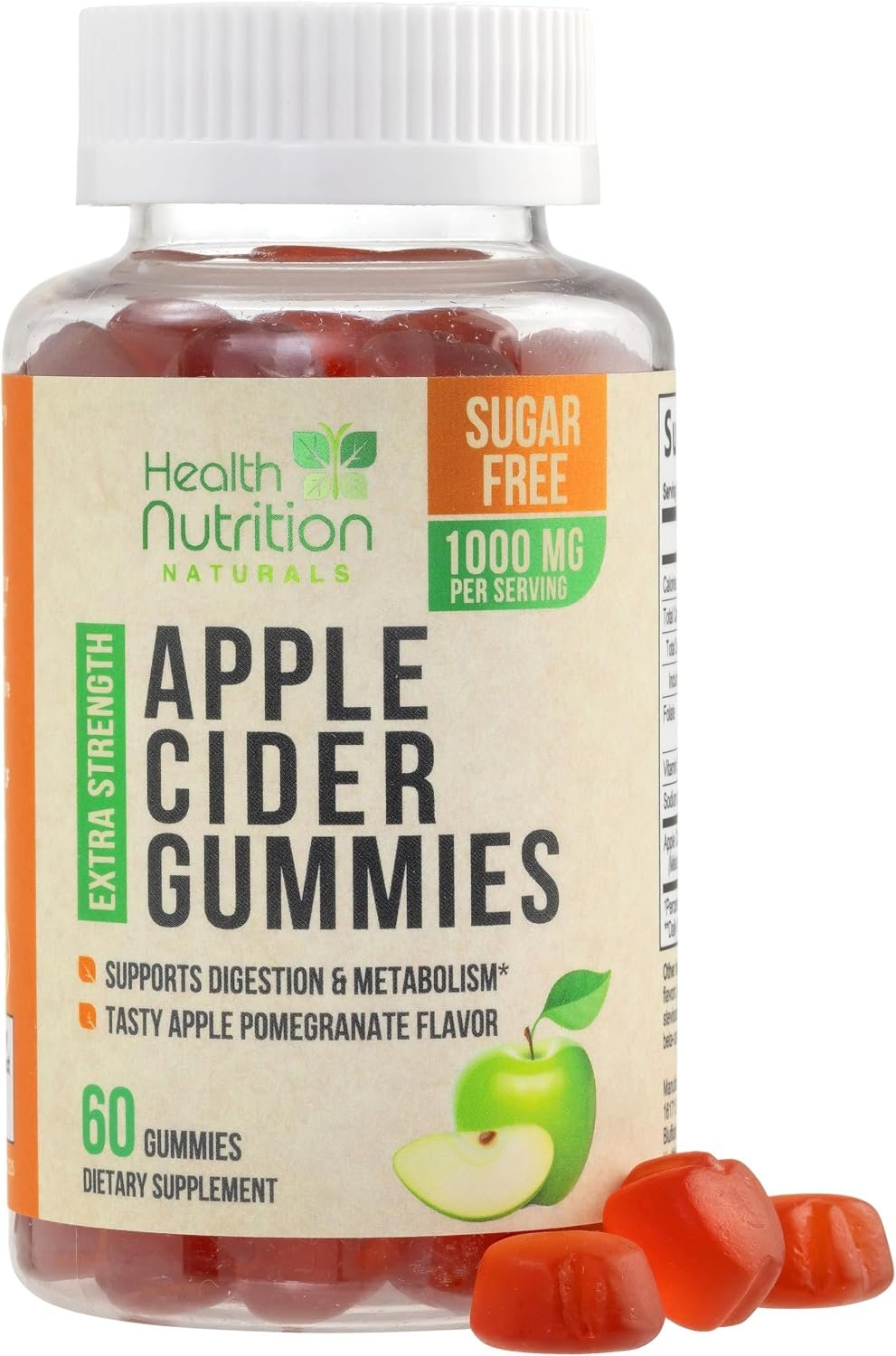 Apple Cider Vinegar Gummies Zero Sugar – Max Strength ACV Gummy Vitamins – Vitamin B12 & The Mother – Metabolism & Energy Support – Vegan Apple Cider Vinegar Gummy Supplement – Non-GMO – 60 Gummies