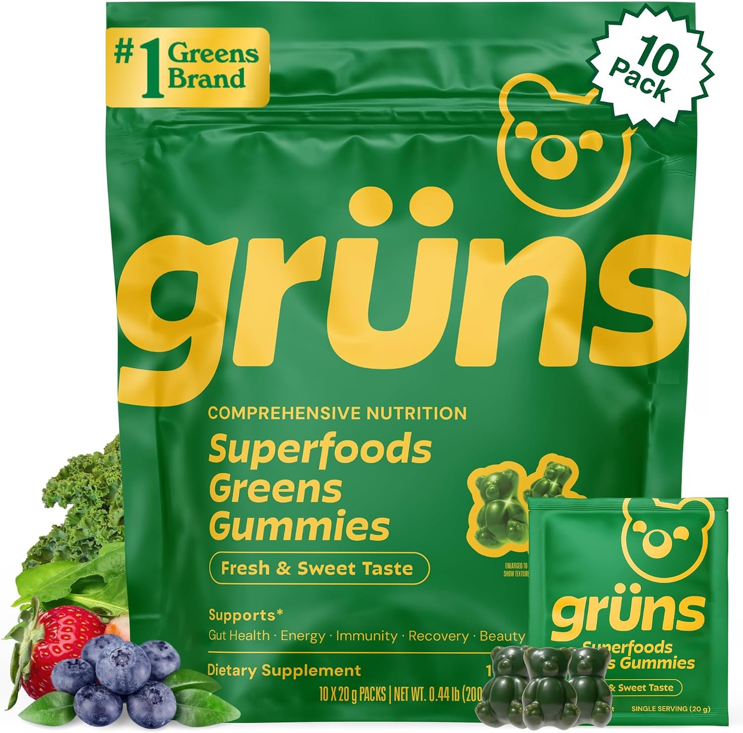 Adult Greens Gummies & Daily Multivitamin, Prebiotic Fiber, 10 ct