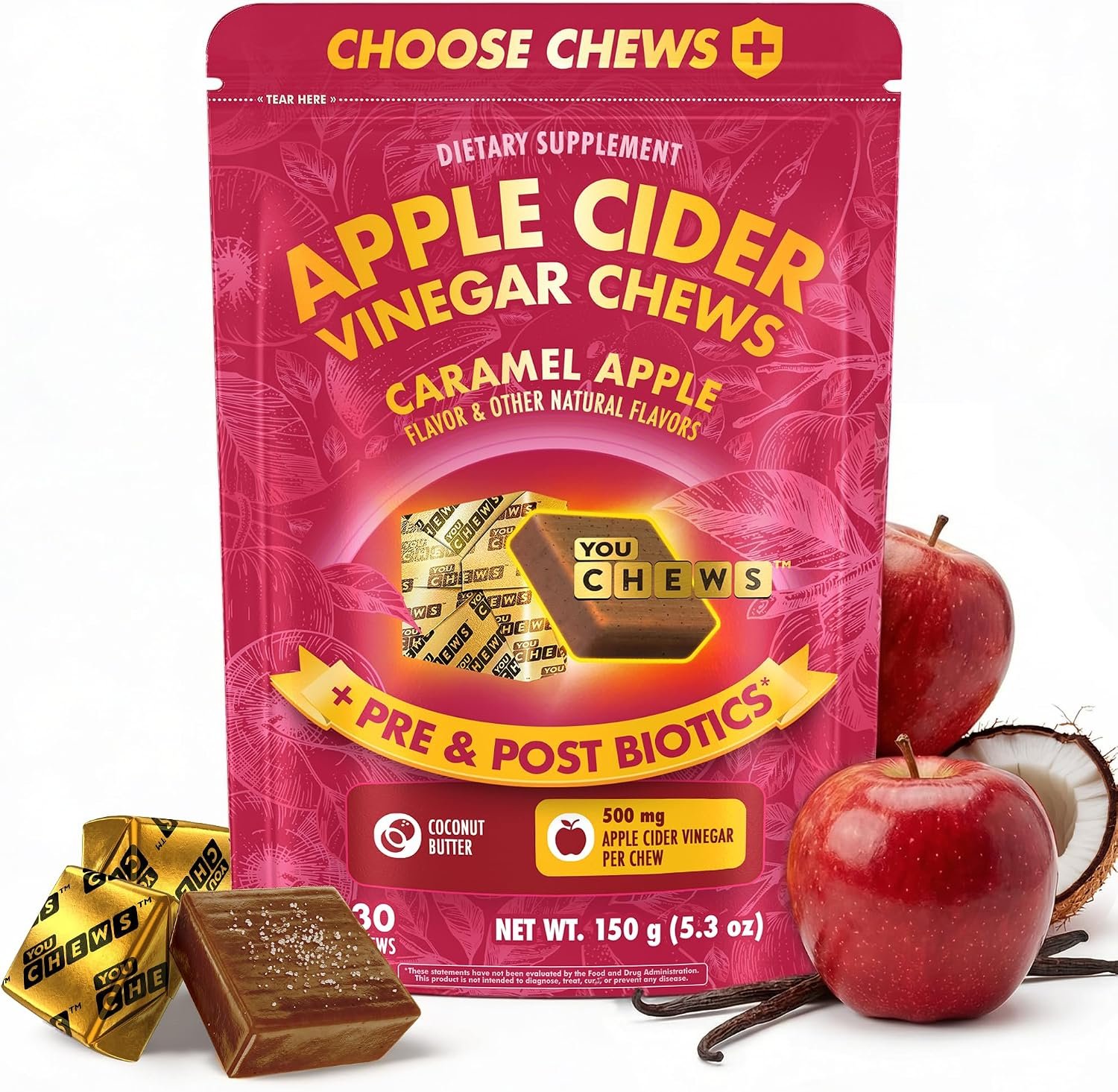 YouChews Apple Cider Vinegar Chews – 500 Mg Apple Cider Vinegar Gummies with Prebiotics & Postbiotics | Gut Balance Support | Low Sugar Apple Cider Gummies | Caramel Flavor | 30 Chews Pack