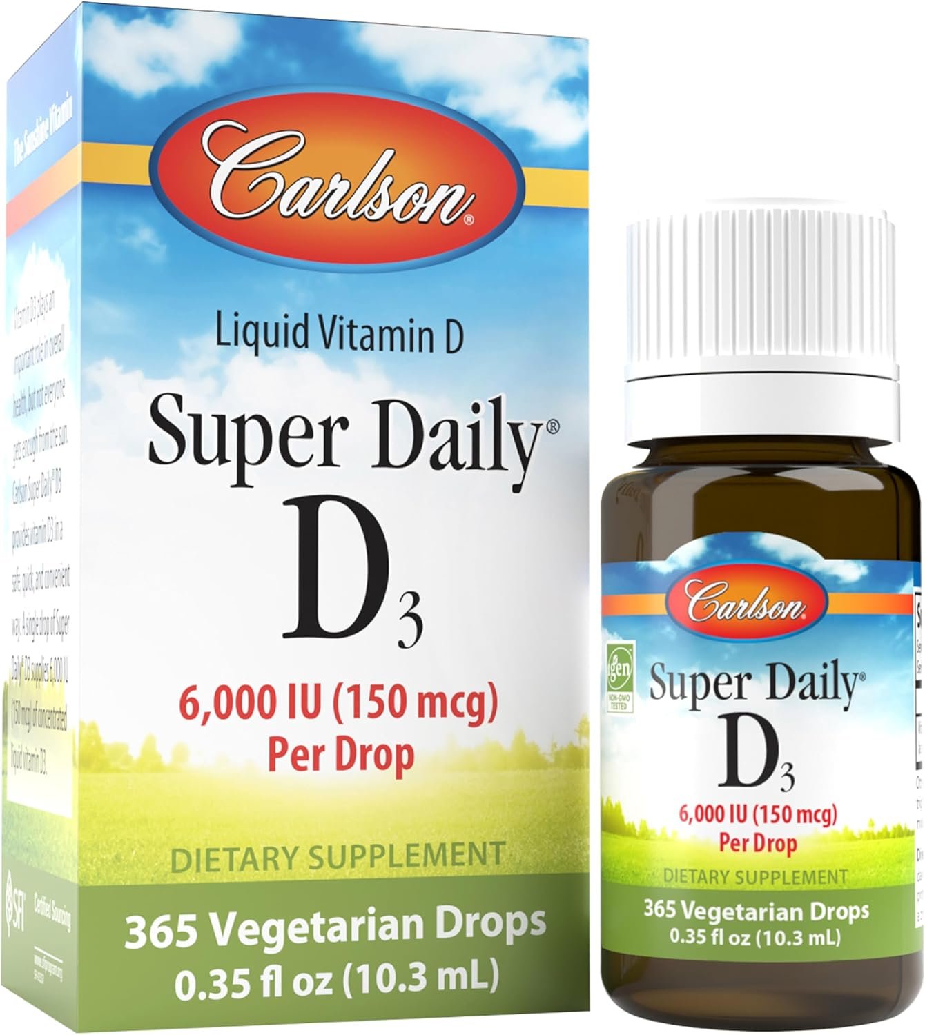 Carlson Super Daily D3, 6000 IU (150 mcg), 365 Vegetarian Drops (10.3 mL)