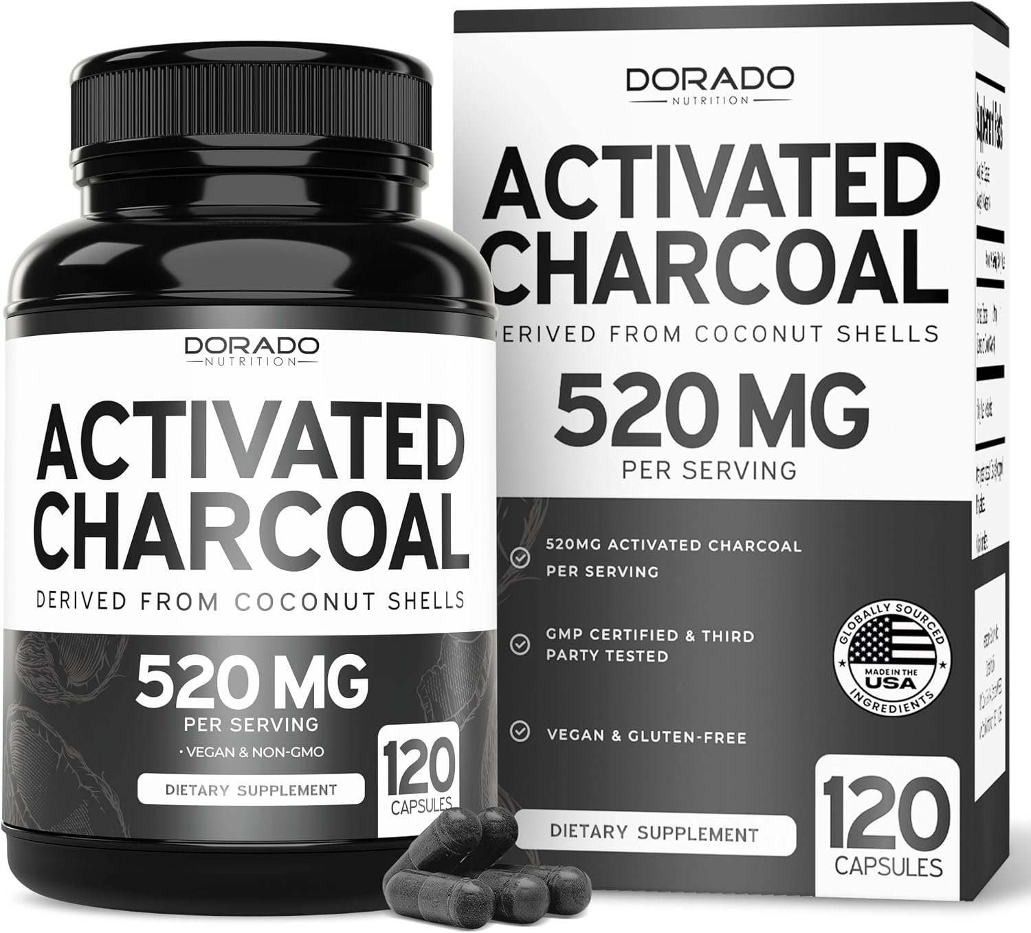 Organic Activated Charcoal Pills (120 Capsules) Activated Charcoal Derived From Coconut Shells Support Bloating & Detox 520mg Per Serving for Women & Men – Third Party Tested – Non GMO & USA Made