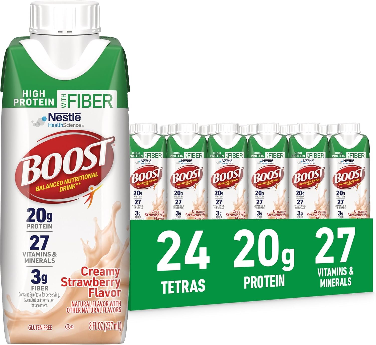 BOOST High Protein with Fiber Balanced Nutritional Shake, Strawberry, 24 pk