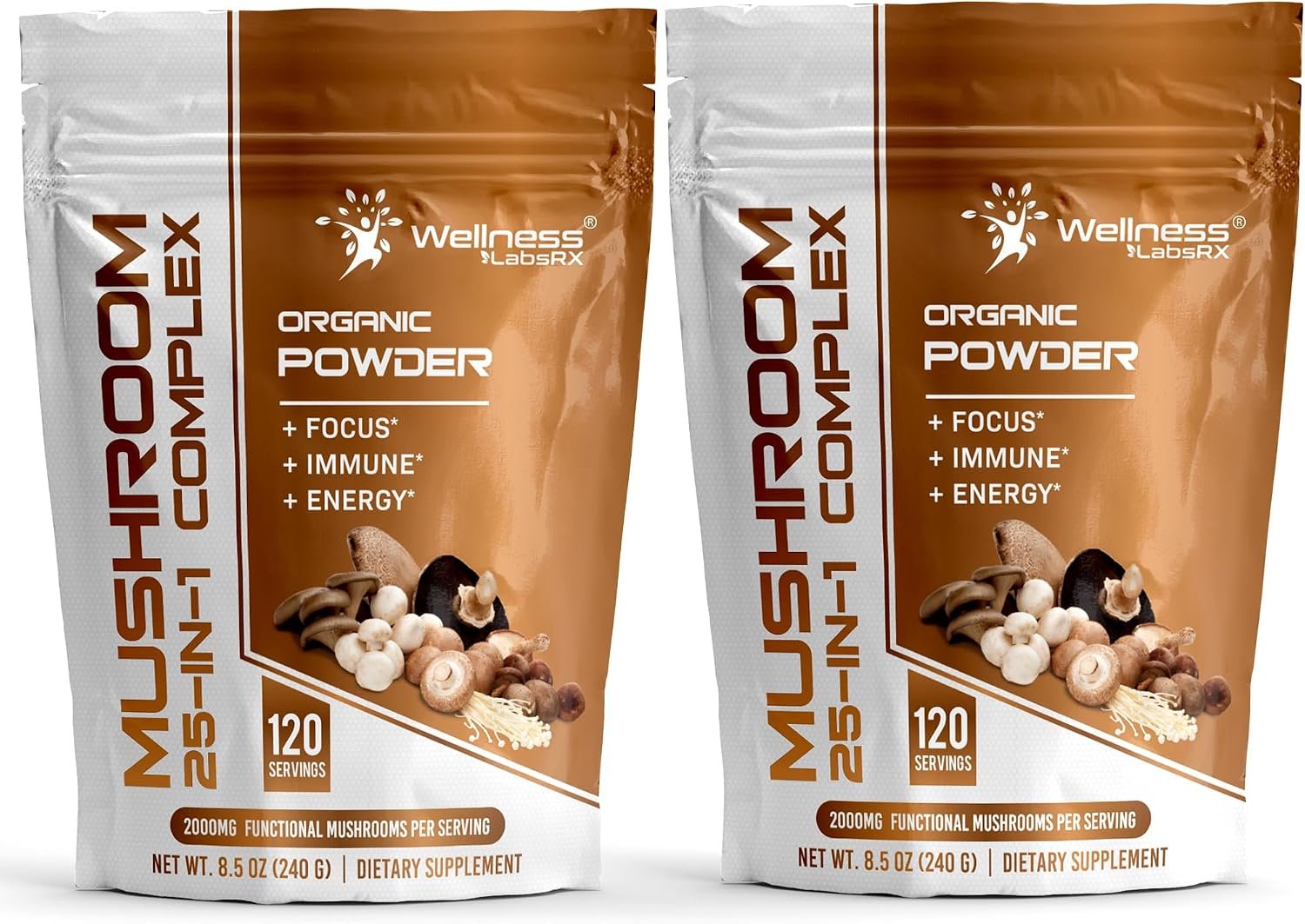 Organic Mushroom Powder 2000mg, 25 in 1 Lions Mane Supplement, 240 Servings